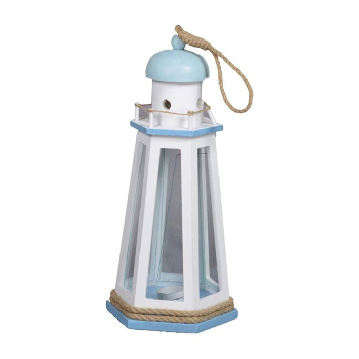Lanterna mare in legno bianco e azzurro faro cm21,5x21,5h41,5