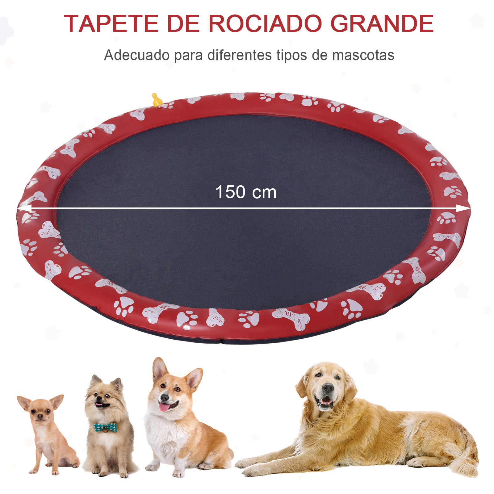 Splash Pad 150 cm Aspersor de Juegos de Agua con Rociador Tapete de Salpicaduras Piscina de Verano Portátil para Mascotas Perros Rojo