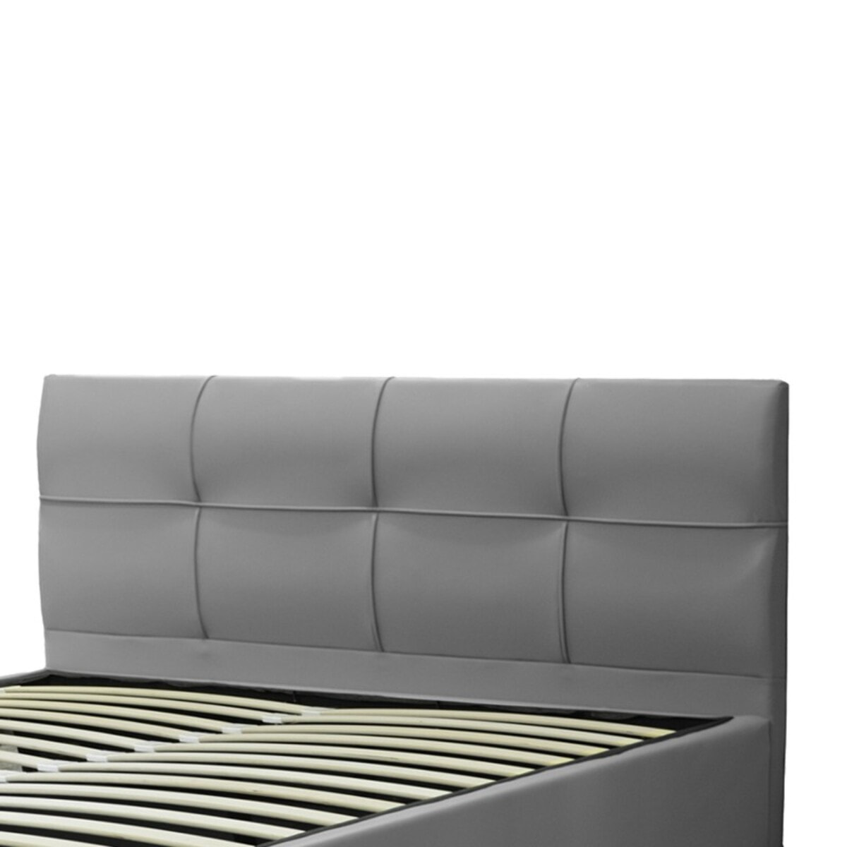 Lit coffre Macao avec tête de lit | Espace de Stockage jusqu'à 900 L | Robuste et Large Angle d’Ouverture | Simili Cuir | Gris
