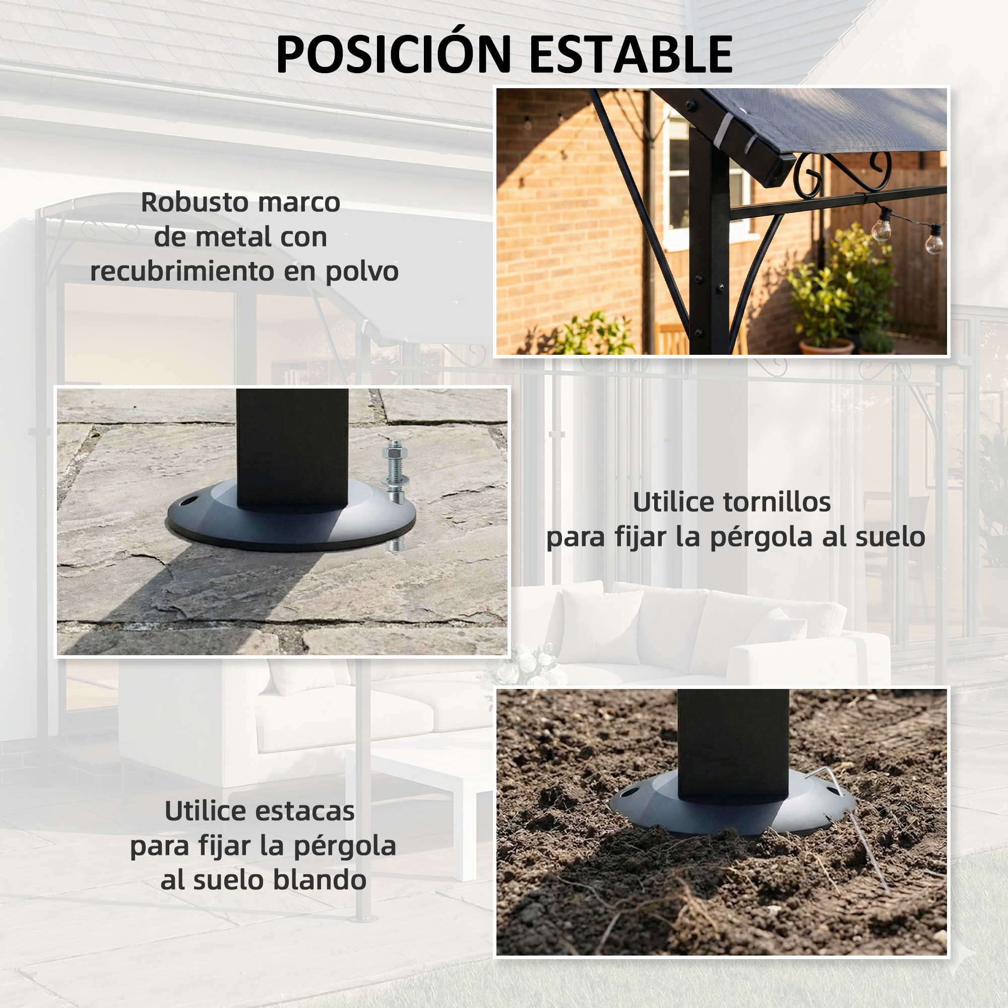 Pérgola de Pared de Jardín 2,8x3,8 m, Cenador de Jardín con Techo Inclinado, Orificios de Drenaje y Estructura Metálica, Resistente a la Intemperie, para Patio, Terraza, Balcón, Gris