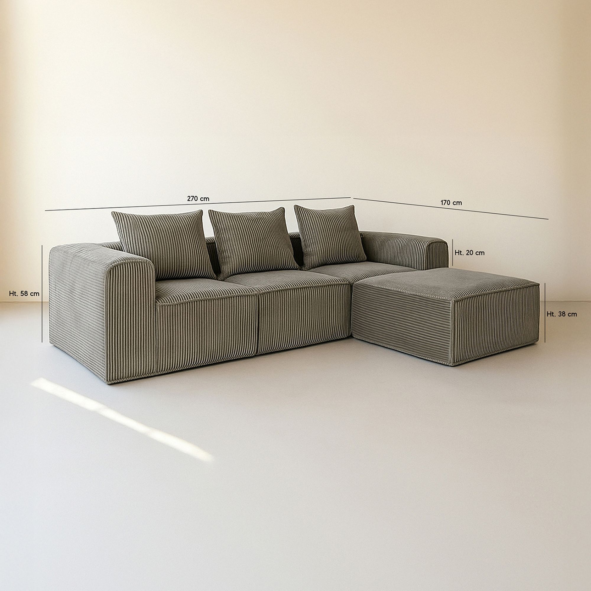 Canapé d'angle en velours cotelé taupe 4 places COCOON