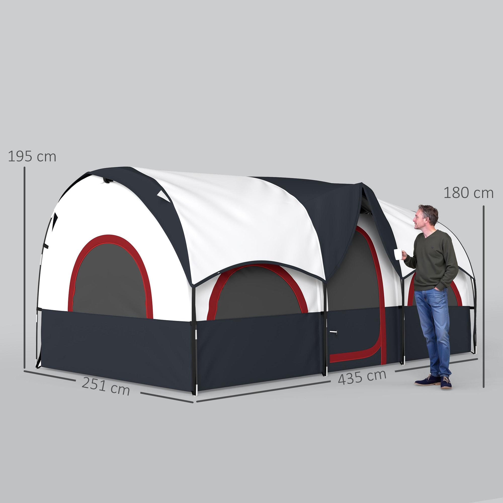 Tienda de Campaña Familiar tipo Túnel para de 4-6 Personas Impermeable 3000 mm Tienda de Camping Plegable con 2 Dormitorios Bolsa para Senderismo 435x251x195 cm Gris Oscuro y Blanco