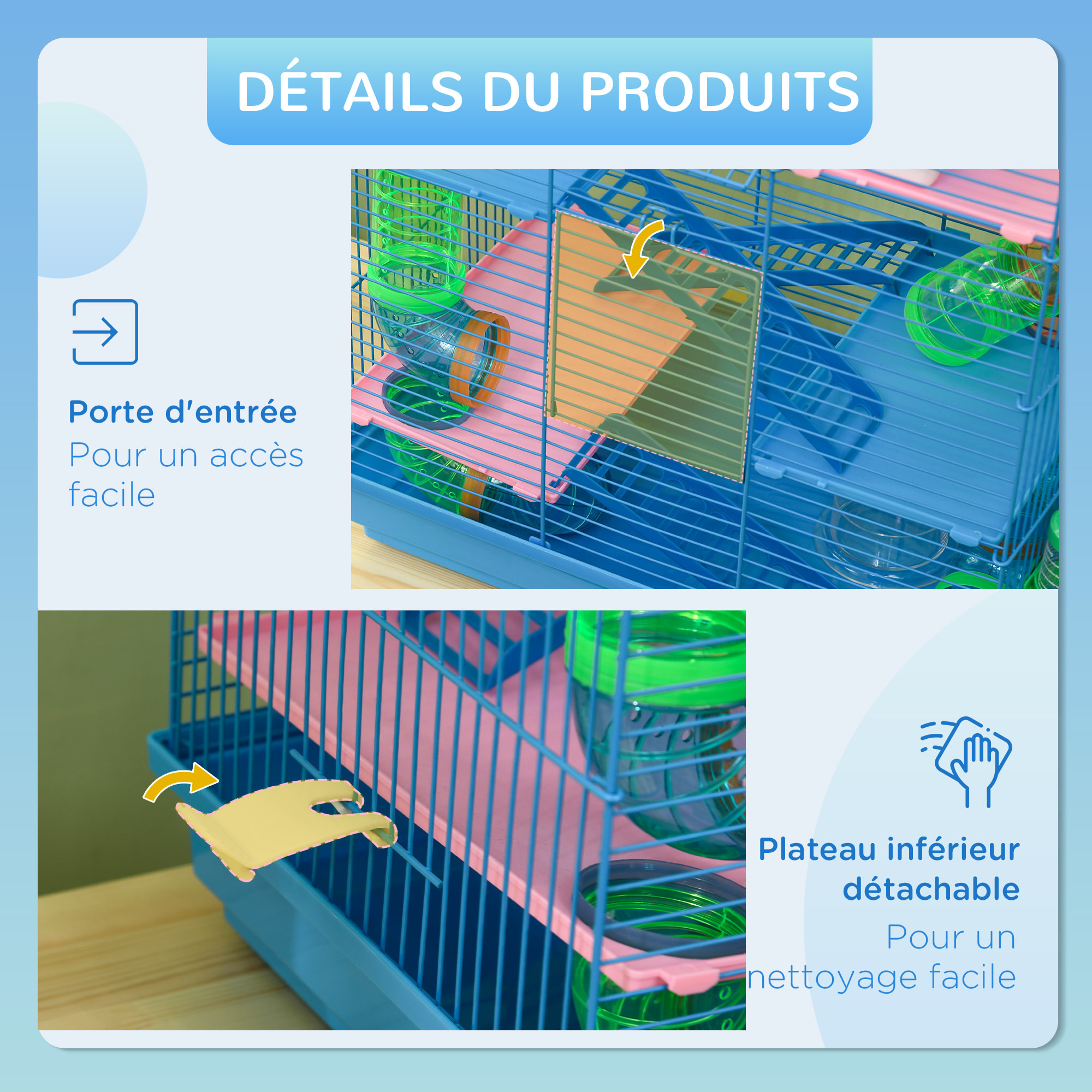 Cage pour hamster souris petits animaux rongeur avec tunnel mangeoire roue jouet 47 x 30 x 59 cm cm bleu