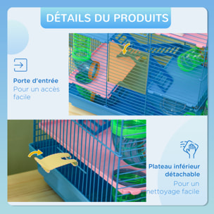 Cage pour hamster souris petits animaux rongeur avec tunnel mangeoire roue jouet 47 x 30 x 59 cm cm bleu