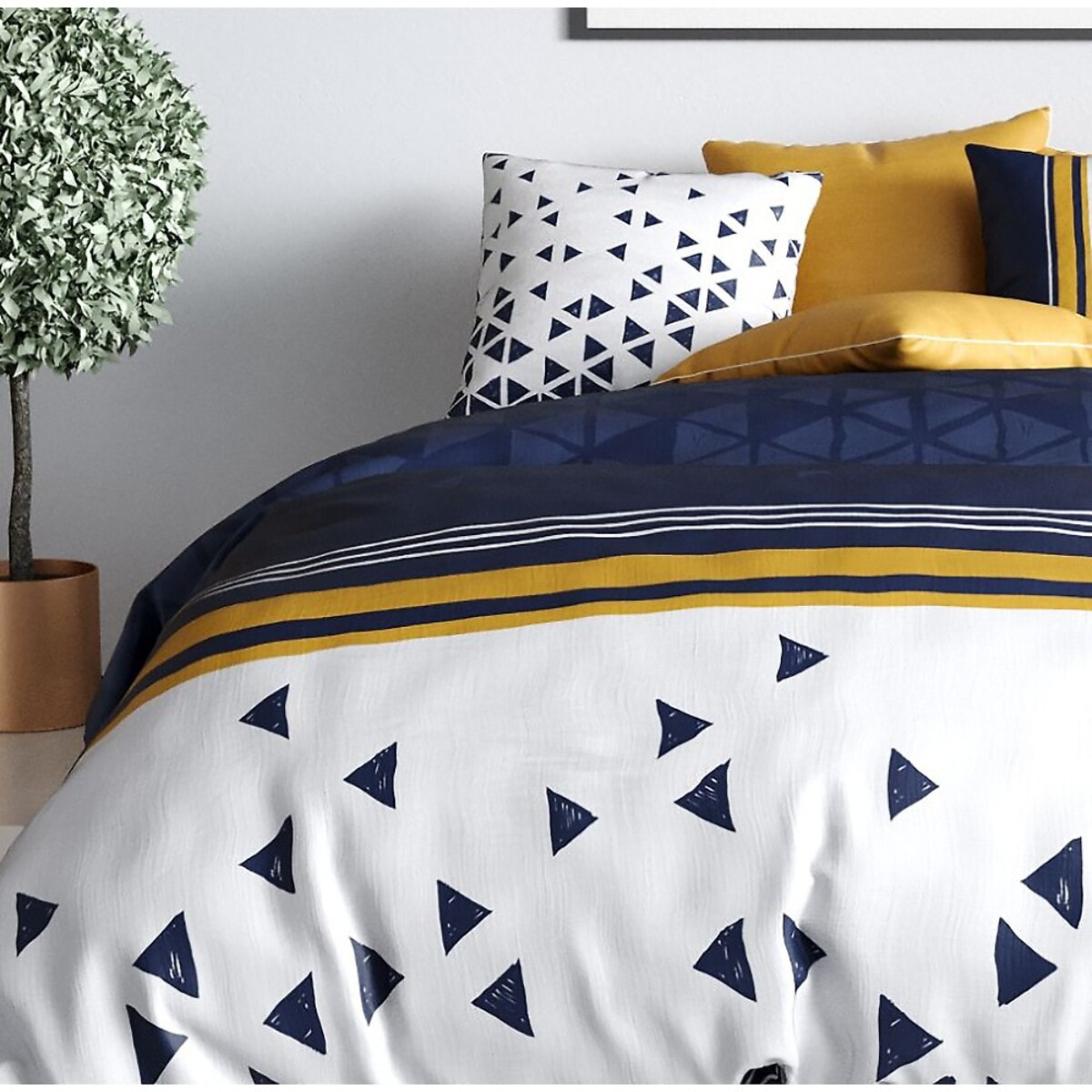 Parure housse de couette coton bleu fonce, bleu marine