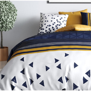 Parure housse de couette coton bleu fonce, bleu marine