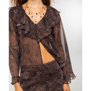 Blusa de manga larga en gasa estampada boho con volantes.