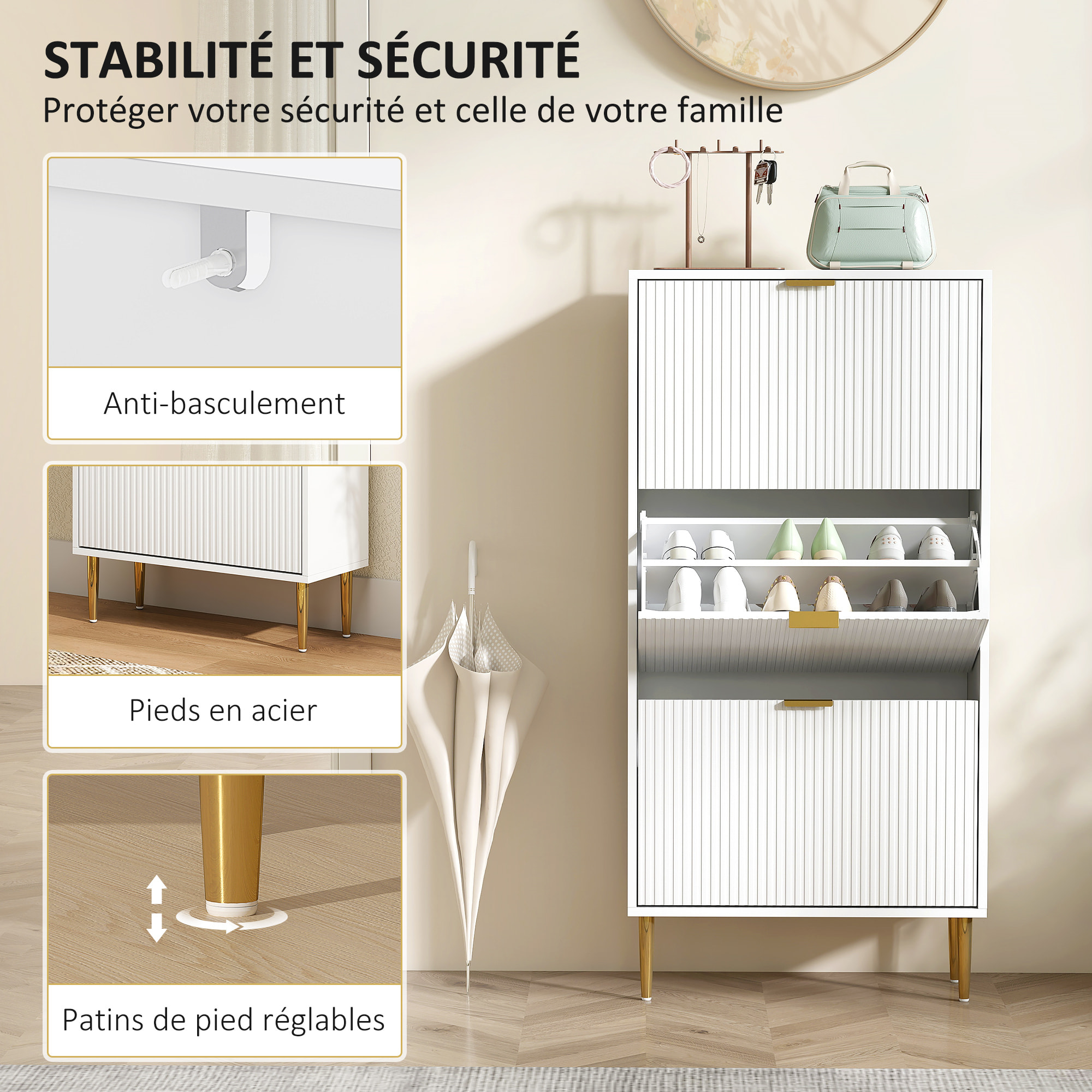 Meuble à chaussures style Art déco 3 portes piètement poignées métal doré 60 x 24 x 128 cm blanc