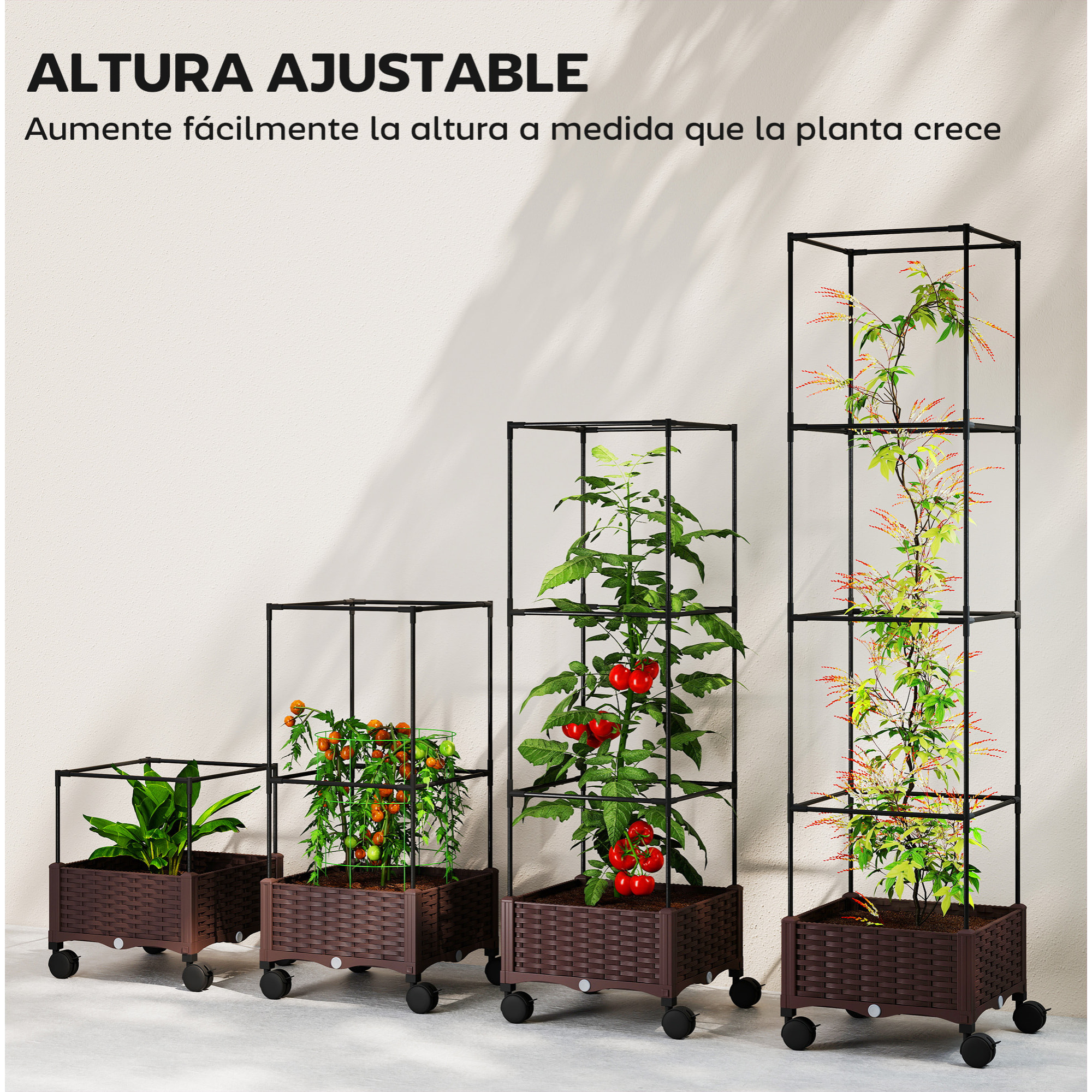 Jardinera con Enrejado Ajustable, Jardinera Exterior con Ruedas Bloqueables para Plantas Trepadoras con Ofricios de Drenaje, Macetero Elevado para Jardín, Patio, Terraza, 40x40x165 cm, Marrón