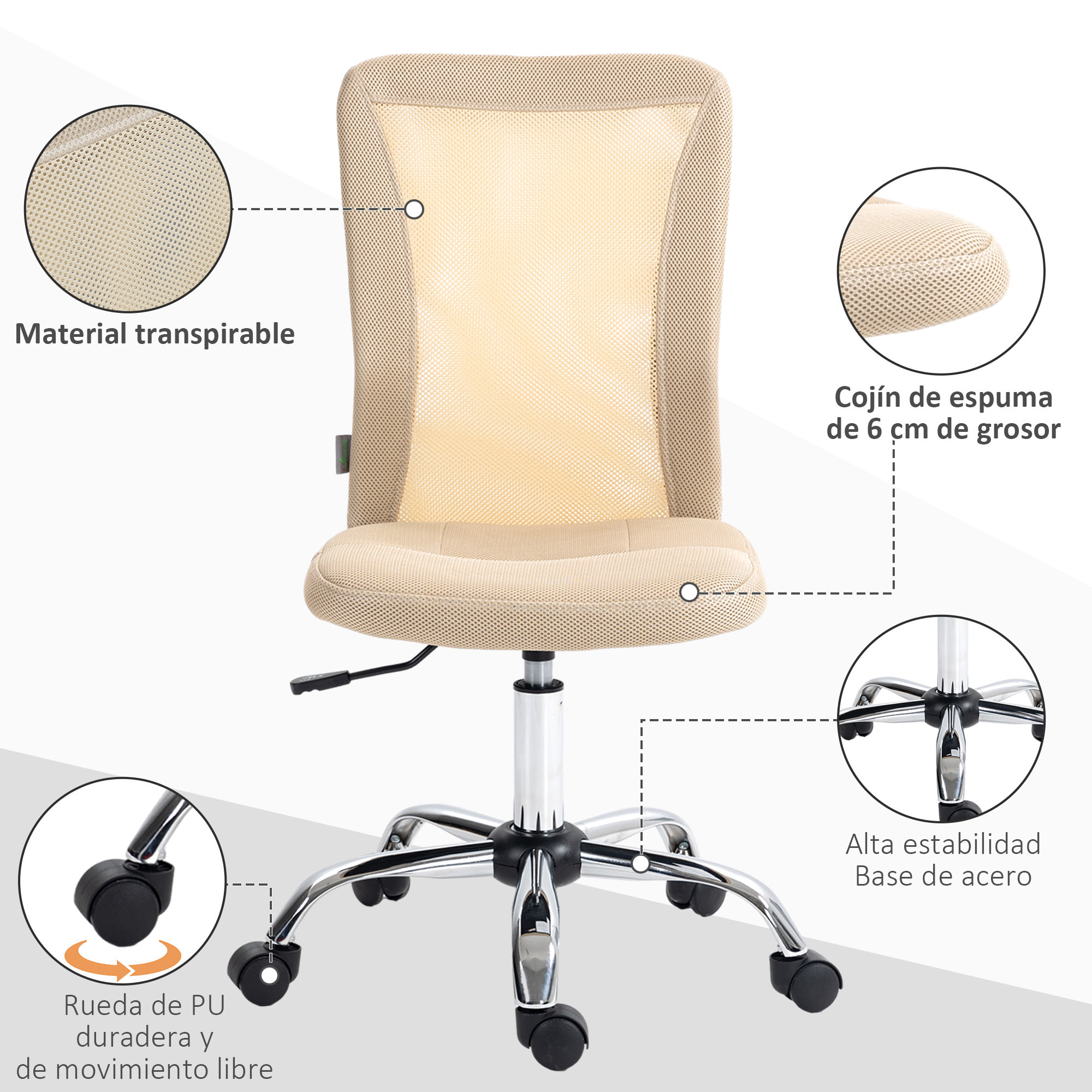 Silla de Oficina de Malla Silla de Escritorio Giratoria sin Brazos con Altura Ajustable Carga 100 kg para Estudio Despacho 43x58x90-100 cm Beige