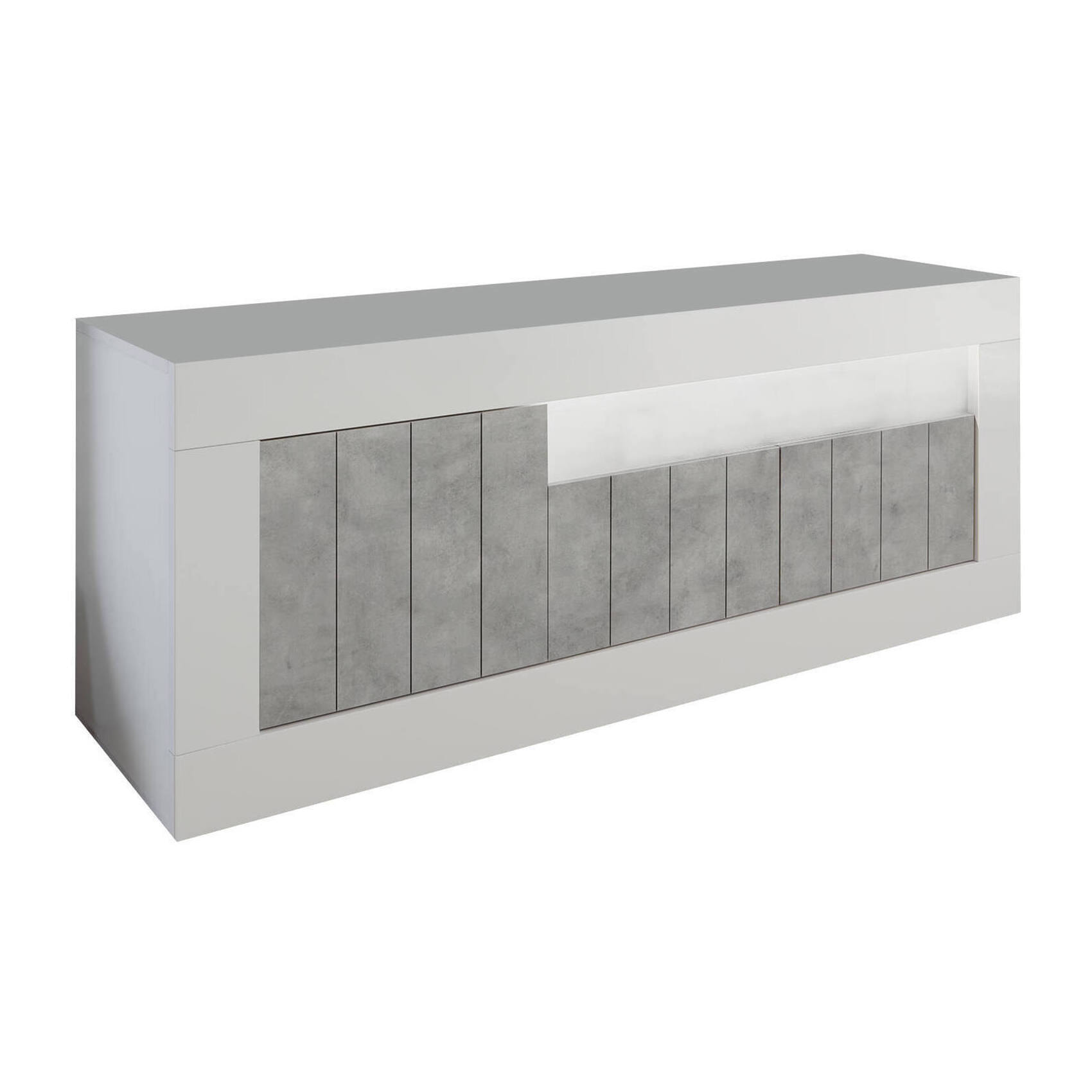 Mobile da soggiorno Porta TV, Made in Italy, Credenza per TV da salotto a 3 ante e ripiani, cm 138x56h42, colore Bianco lucido e cemento