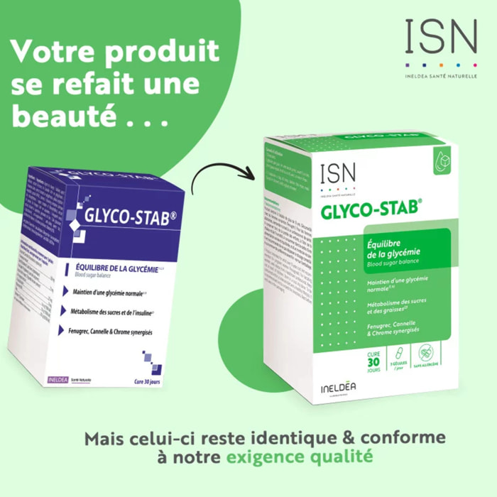 Ineldea Santé Naturelle - Glyco-Stab - Equilibre de la glycémie - Sans gluten - Sans allergène - Sans ingrédient d'origine animale - Sans OGM - Cure de 30 j - 90 gélules végétales