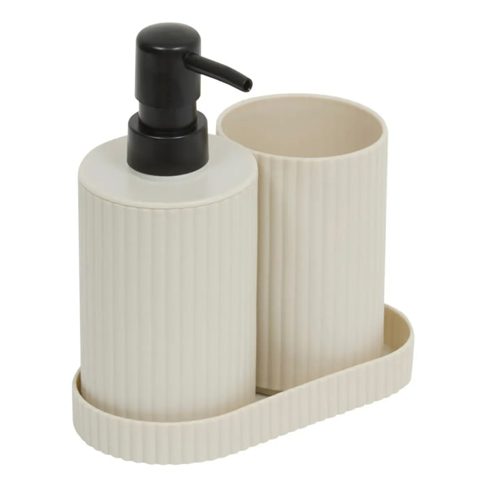 Lot distributeur de savon et gobelet strié beige