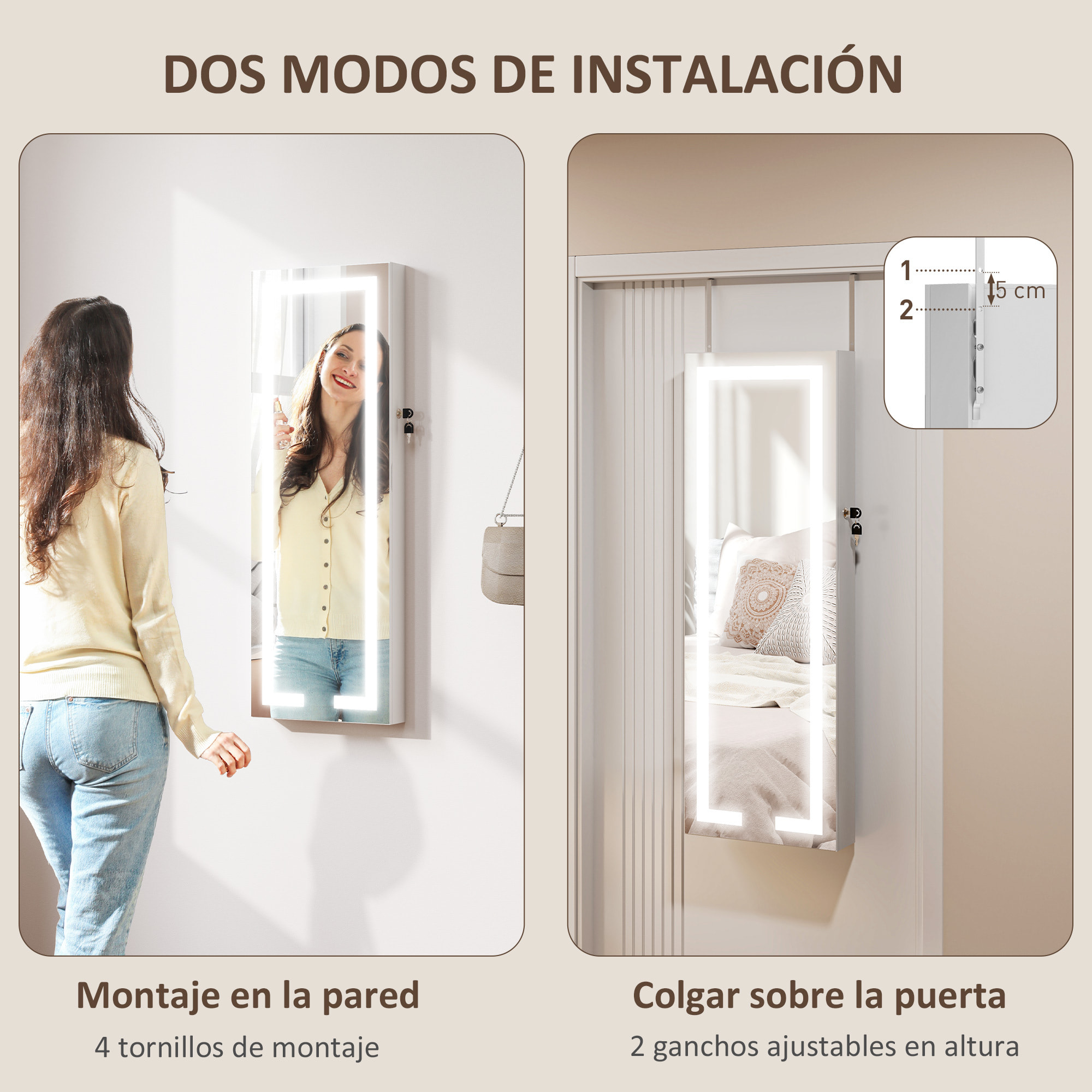 Espejo Joyero de Pared Espejo Joyero Colgante con Luces LED y Cerradura Espejo Integrada Armario de Joyas para Colgar en la Pared o en la Puerta Blanco