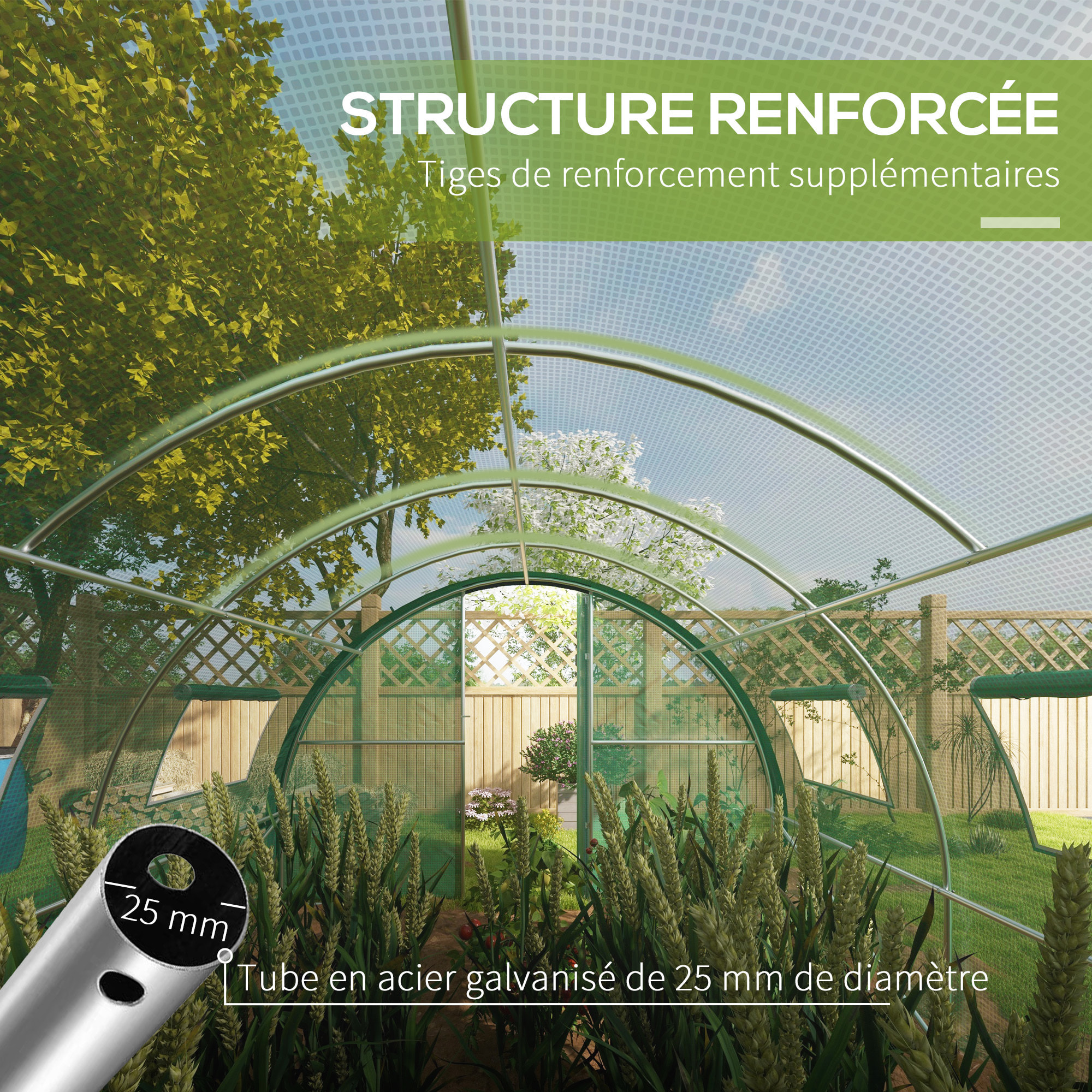 Serre de jardin tunnel 18 m² 8 fenêtres 2 portes articulées acier galvanisé PE haute densité vert