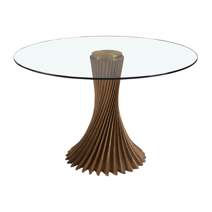 Mesa comedor redonda con tapa fija de cristal templado patas de madera en nogal 130x130x76cm