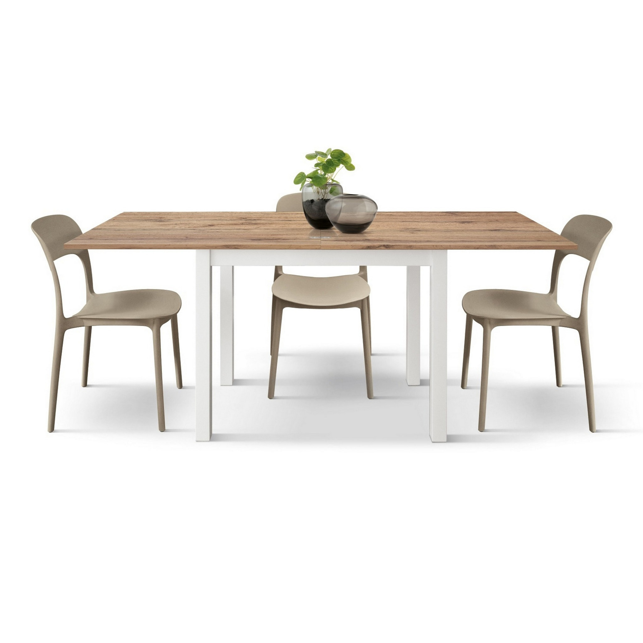 Tavolo POSITANO in legno effetto rovere e gambe bianche, allungabile a libro 90x90 cm - 180x90 cm