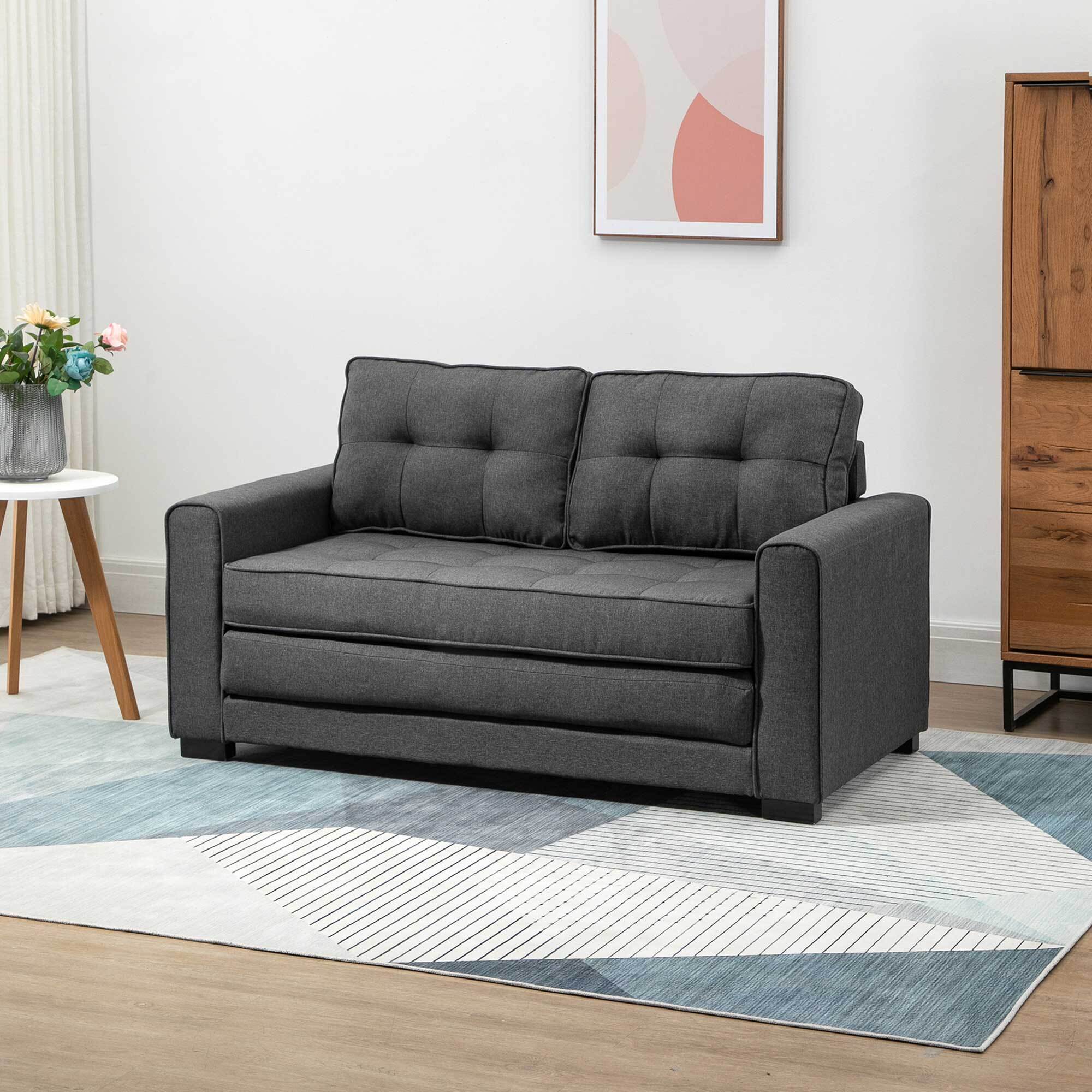 Canapé convertible 2 places design contemporain assise dossier capitonnés polyester aspect lin gris