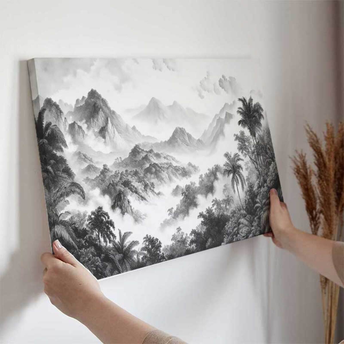 Tableau paysage tropical noir et blanc Toile imprimée