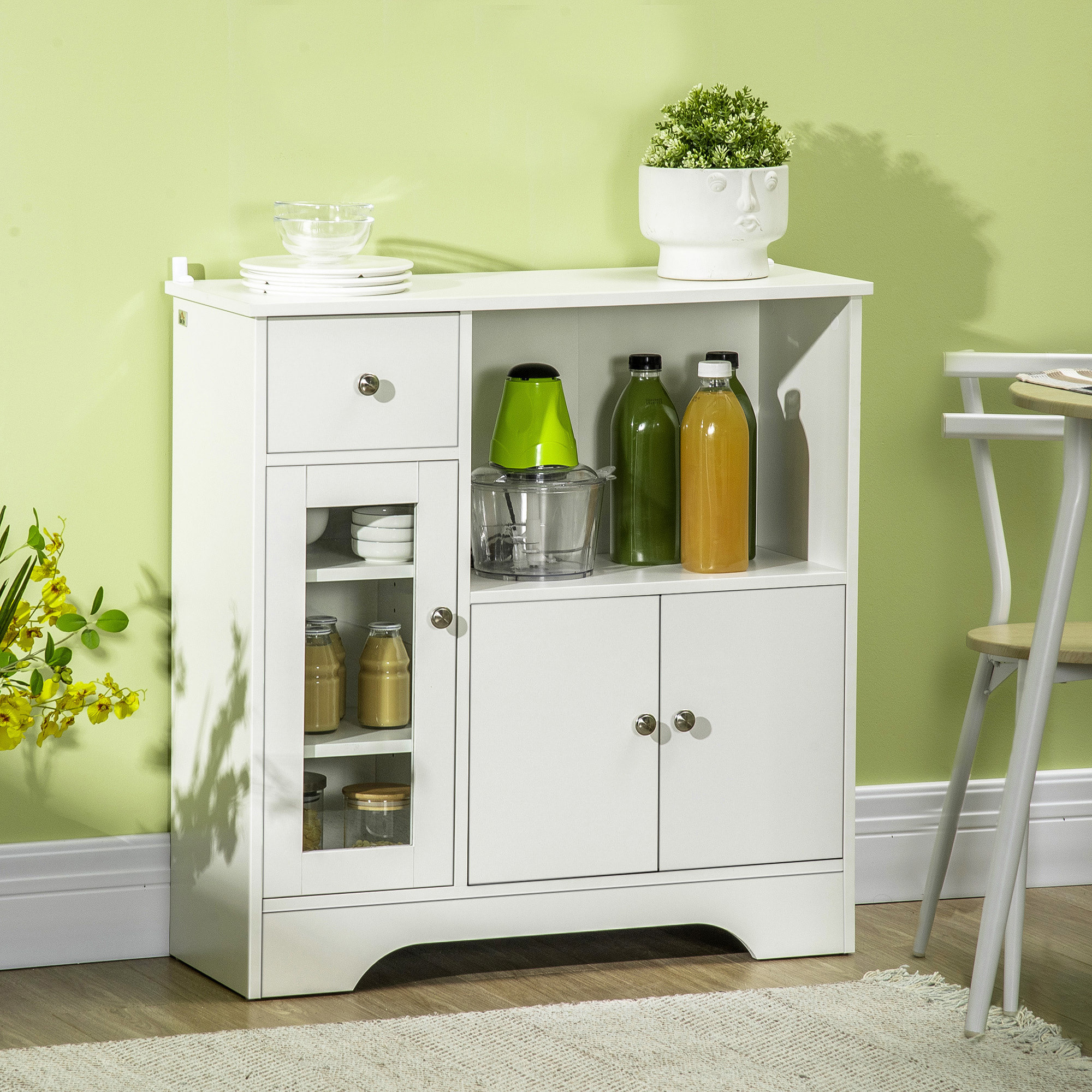 Buffet de cuisine meuble de rangement moderne avec porte en verre, tiroir, grande niche et étagères réglables, 80 x 30 x 82 cm, blanc