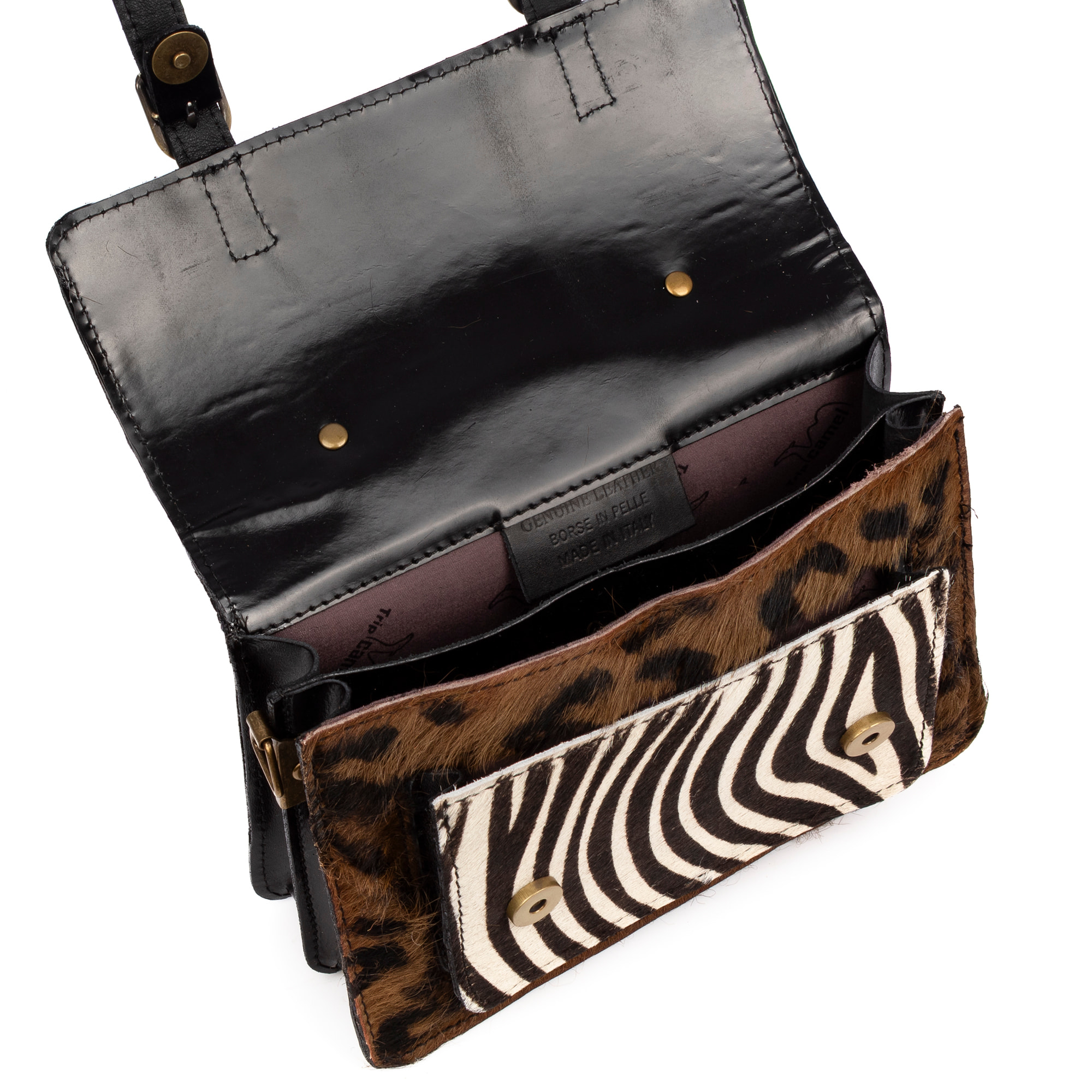 Assoro bolso Satchel con doble hebilla, piel auténtica Cavallino animal print.