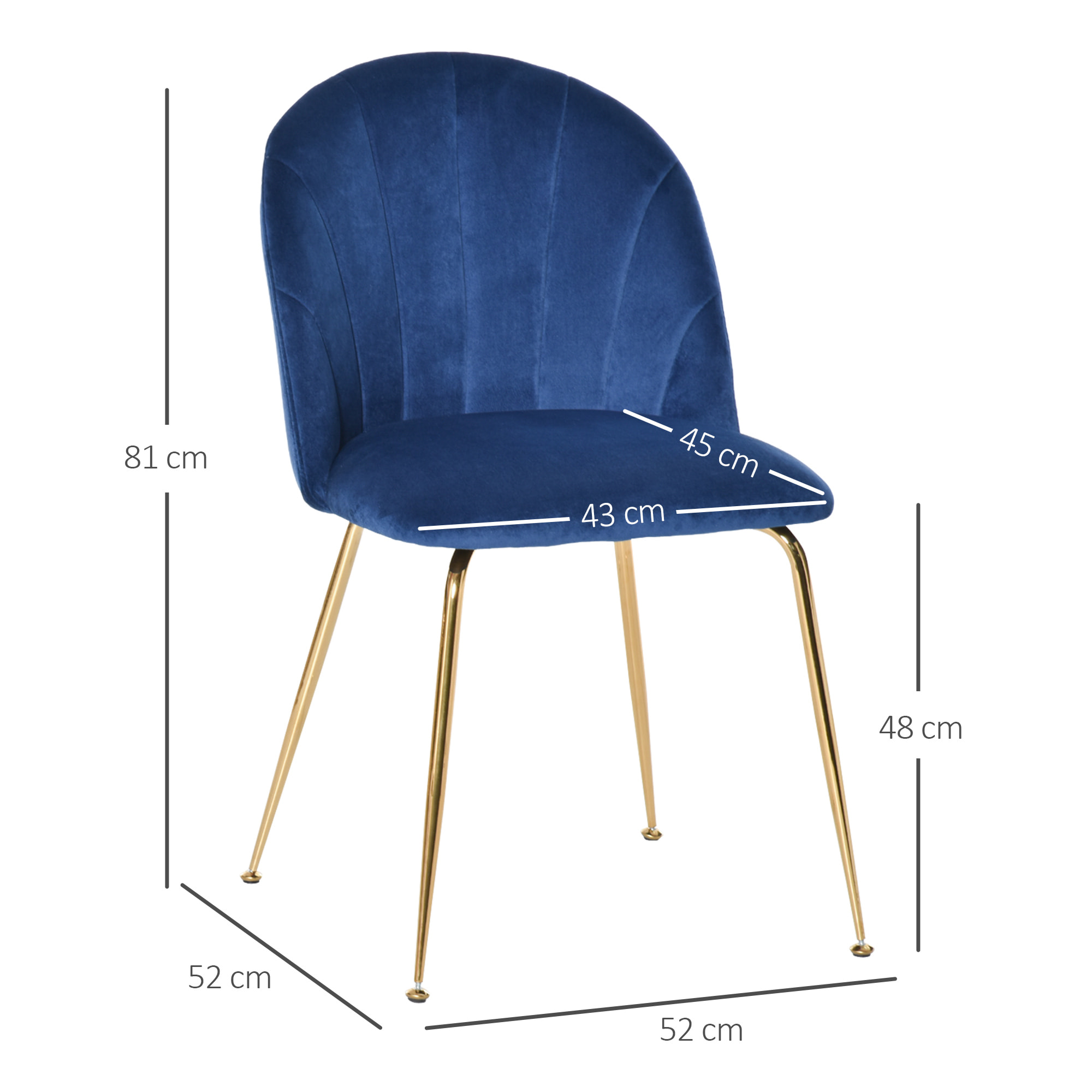 Lot de 2 chaises style art-déco dossier strié arrondi piètement métal doré incliné effilé velours bleu roi