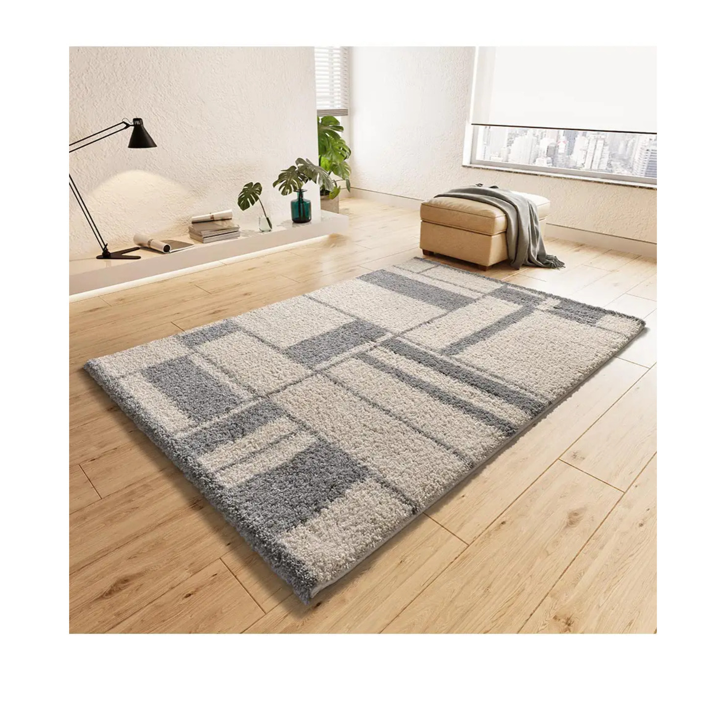HELIA Alfombra shaggy geométrica en tonos beige y gris, varias medidas disponibles