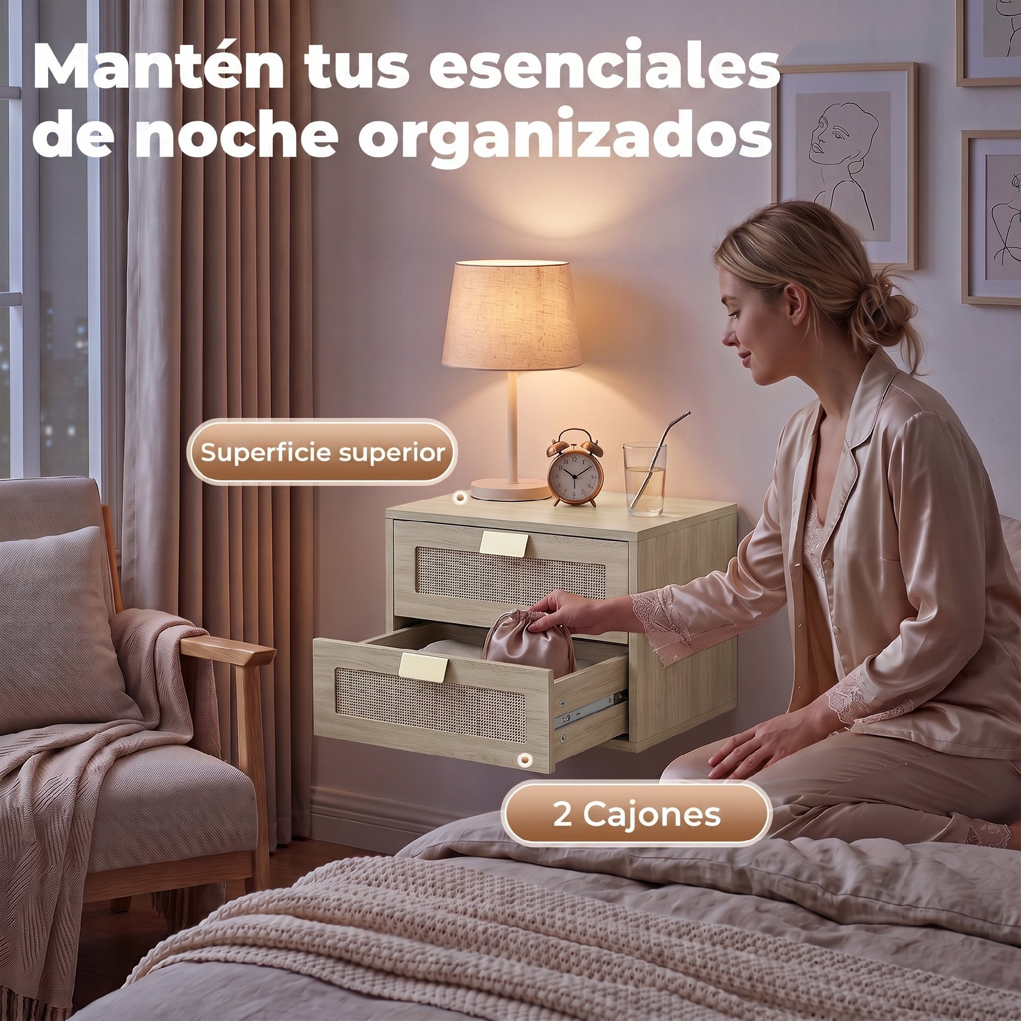 Juego de 2 Mesitas de Noche Flotantes, Mesillas de Noche con 2 Cajones con Frente de Ratán Natural, Diseño Moderno, para Dormitorio, 40x30x27,6 cm, Roble