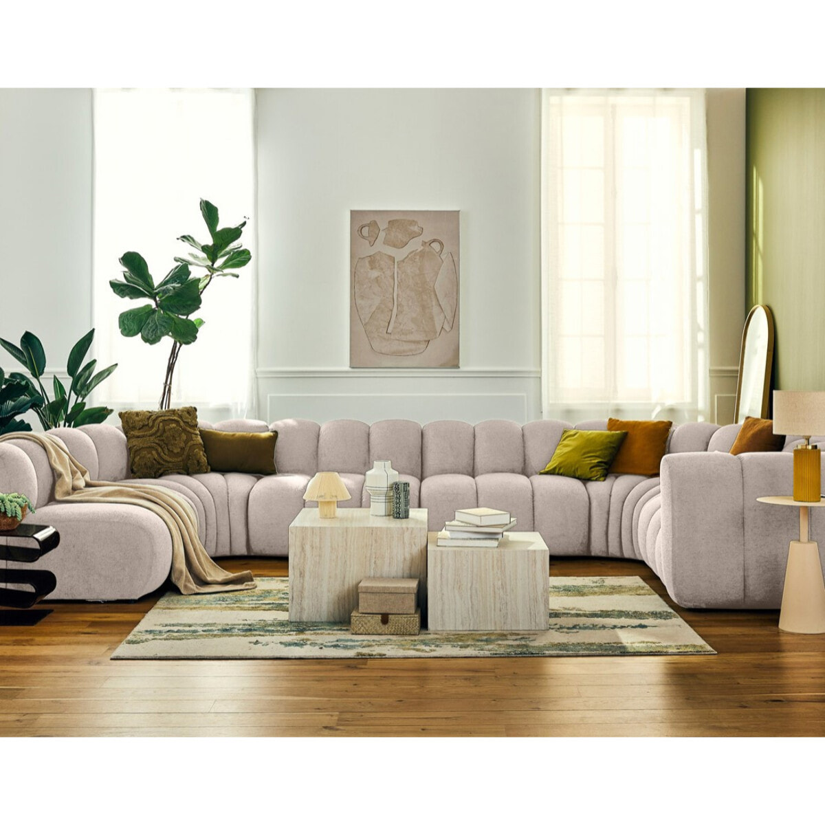 Debbie - canapé modulable panoramique d'angle gauche 7 places en tissu texturé - Beige