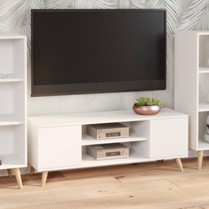 Mobile porta tv con 2 ante e 1 ripiano centrale, Credenza con piedini, Buffet da soggiorno in stile scandi, cm 155x40h50, colore Bianco