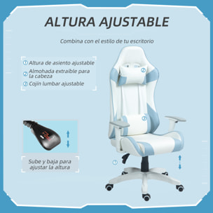 Silla Gaming Reclinable Silla Gamer Giratoria Silla de Oficina Basculante con Cojín Lumbar Reposabrazos 3D Reposacabezas Extraíble y Altura Ajustable 67x60x120-128 cm Blanco y Azul