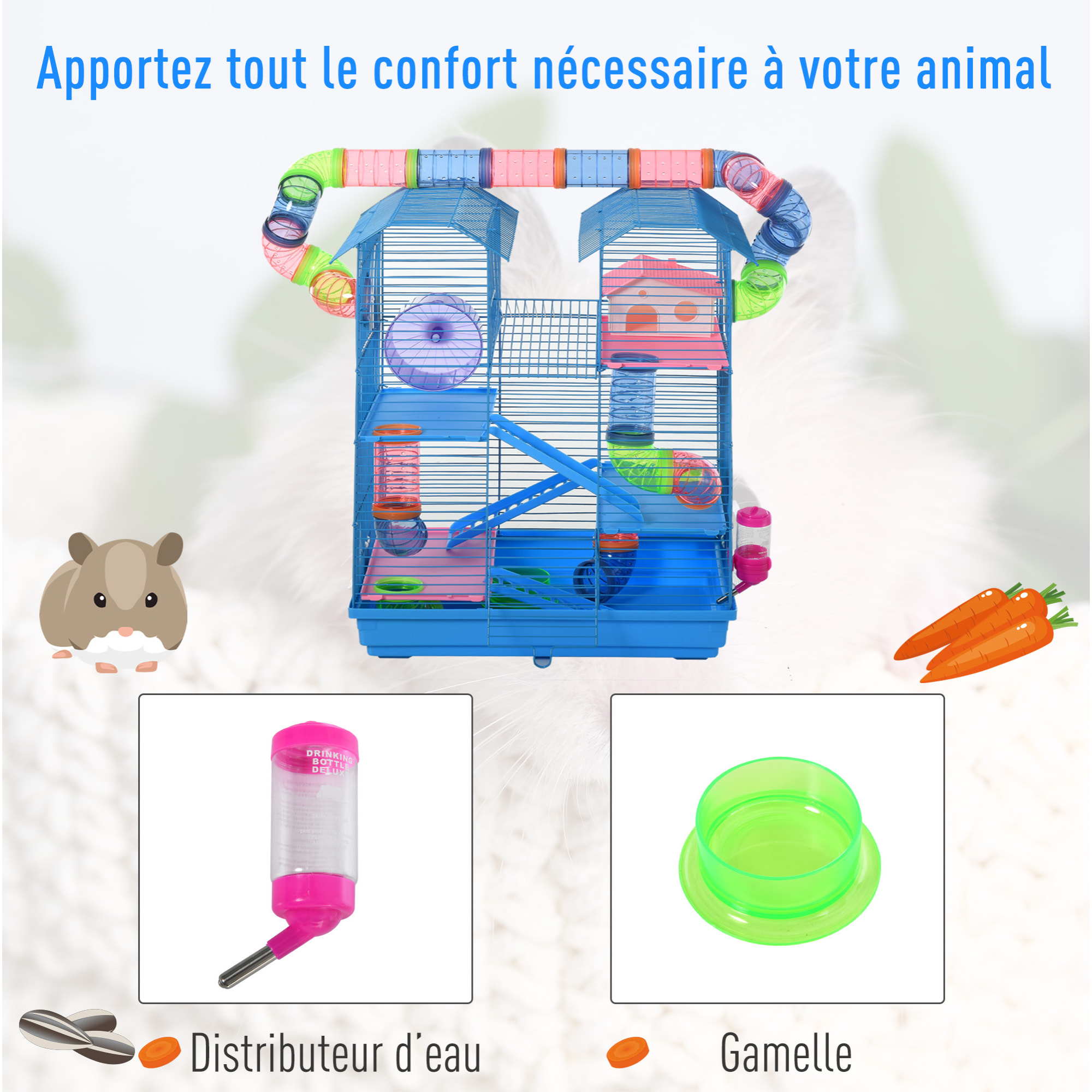 Cage pour Hamster Souris Petit Animaux Rongeur avec Tunnel Mangeoire Roue Jouet 47 x 30 x 59 cm cm Bleu