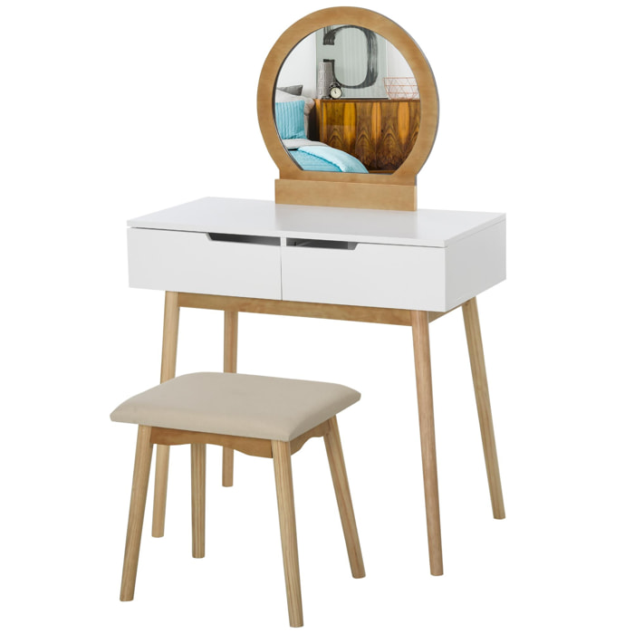 Coiffeuse design scandinave table de maquillage avec miroir, 2 tiroirs et tabouret blanc pin clair