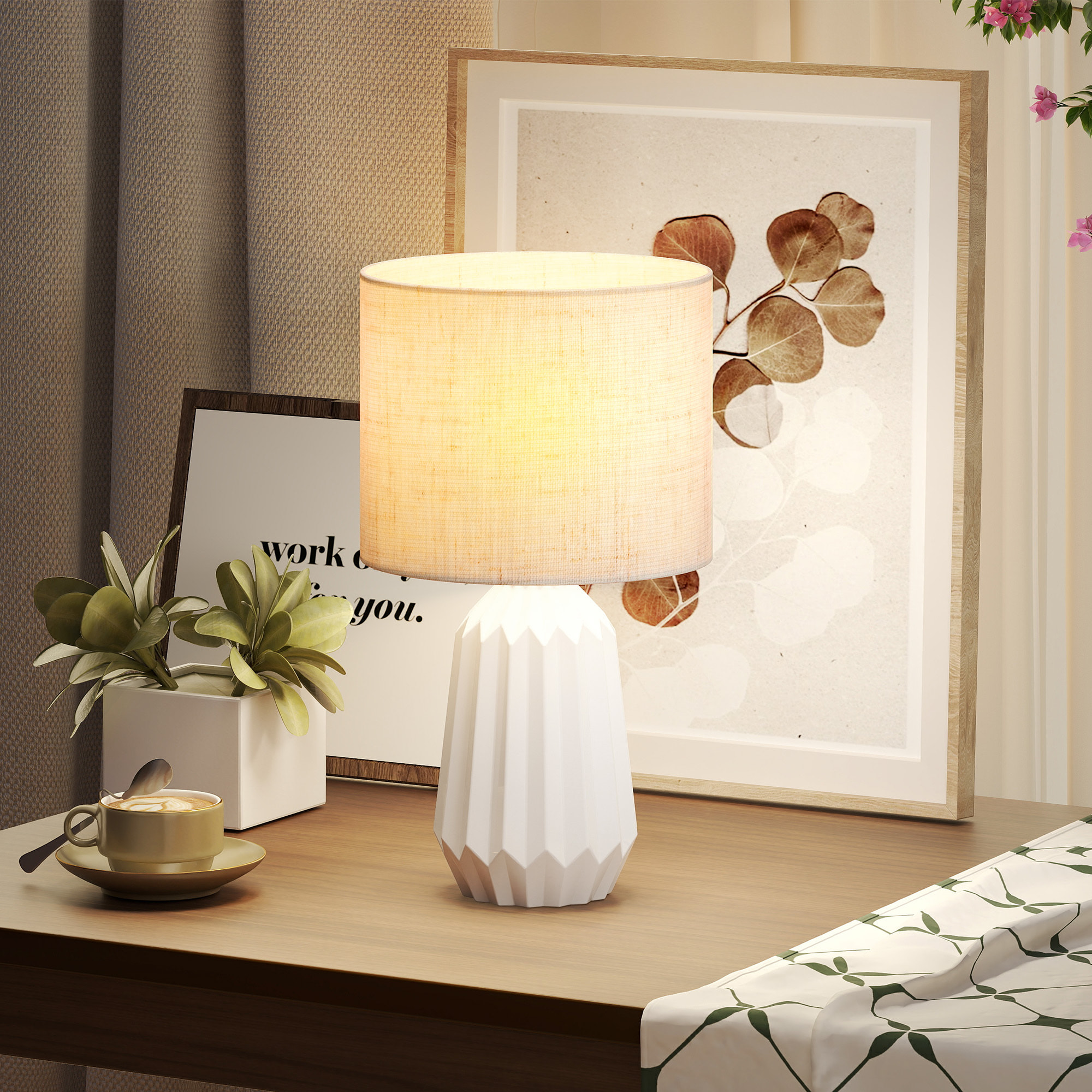 Lampe de table design néo-rétro céramique géométrique lin
