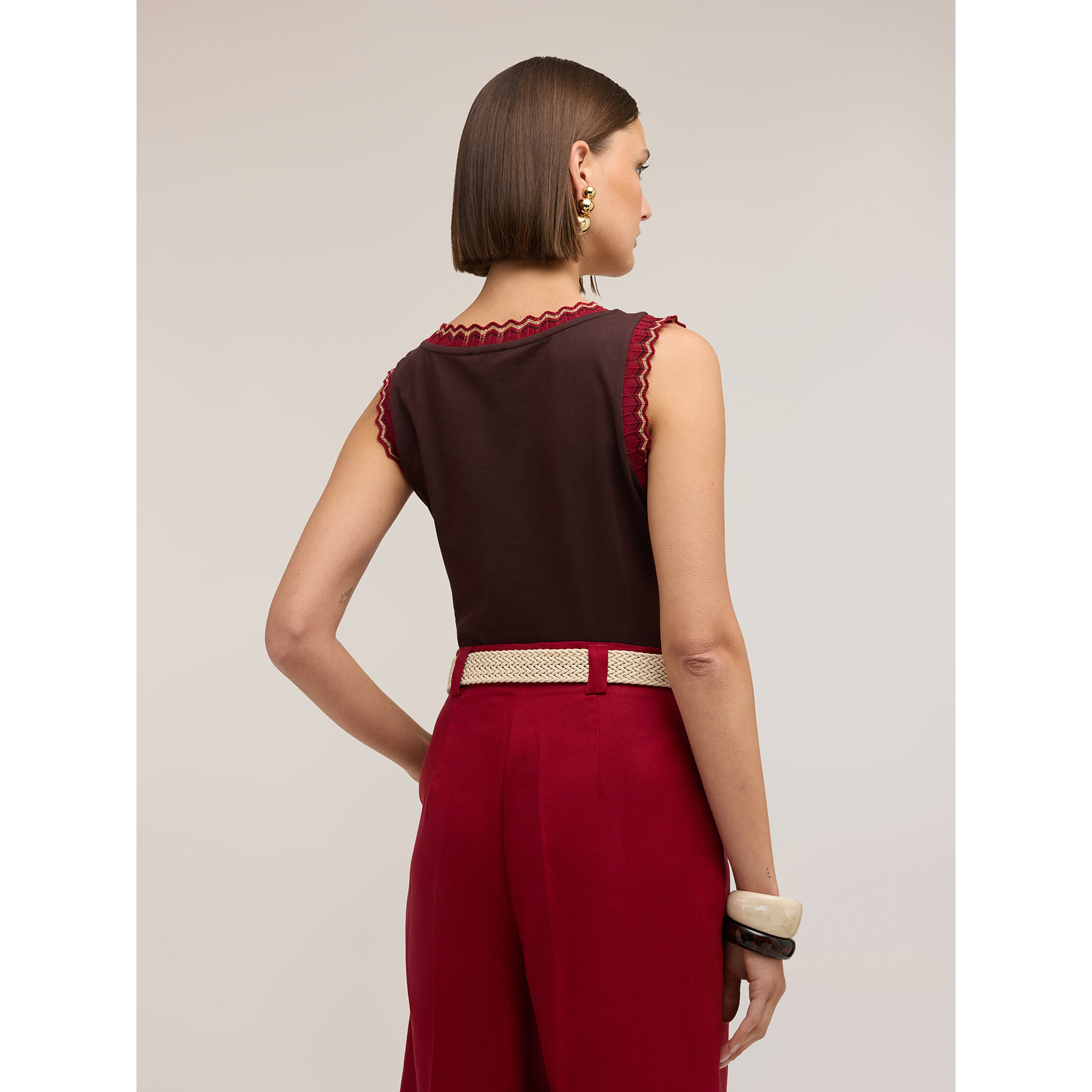 Motivi - Top in jersey con bordo in maglia - Marrone