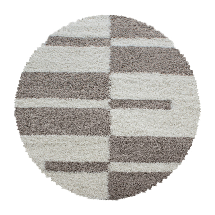 GALA - Tapis shaggy rond à poils longs motif géométrique beige