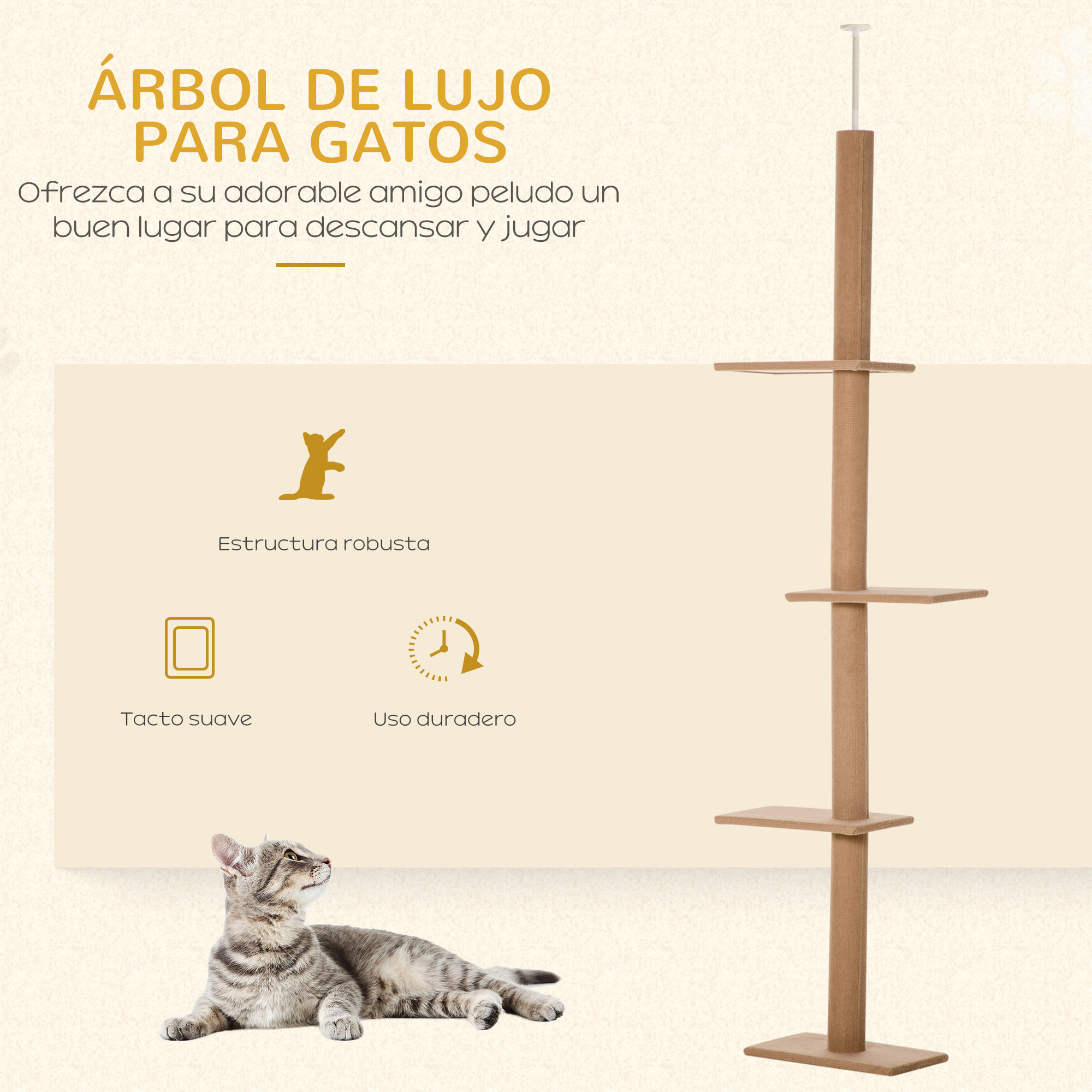 Árbol para Gatos del Suelo al Techo 43x27x228-260 cm Torre para Gatos con Altura Ajustable 4 Plataformas Espaciosas y Poste de Sisal Marrón