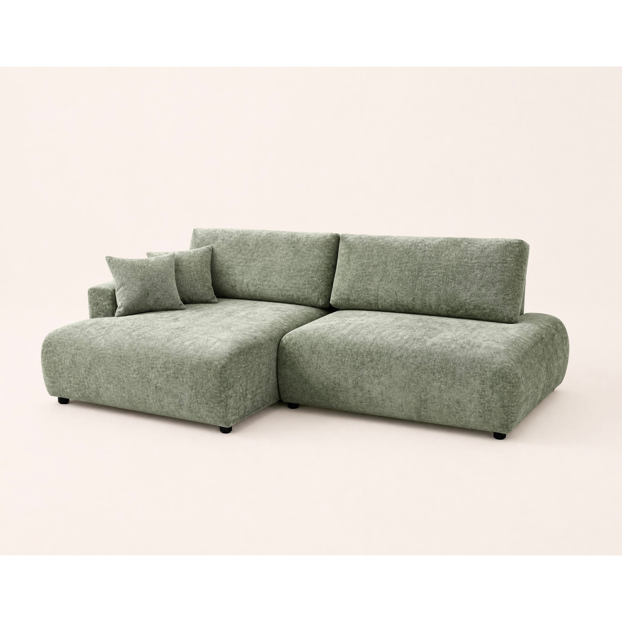 Pivoine - Canapé d'angle ouvert gauche 4 places convertible avec coffre en tissu texturé - Vert sauge