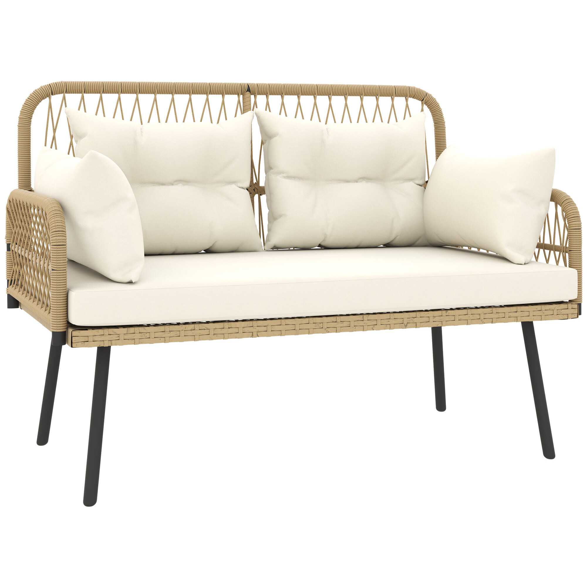 Canapé de jardin 2 places style colonial 5 coussins beige résine tressée aspect rotin
