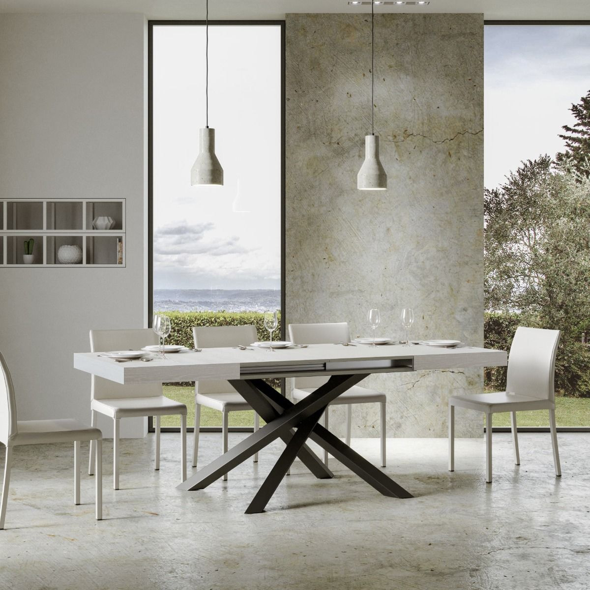 Mesa extensible 90x180/440 cm Volantis Fresno Blanco estructura Antracita