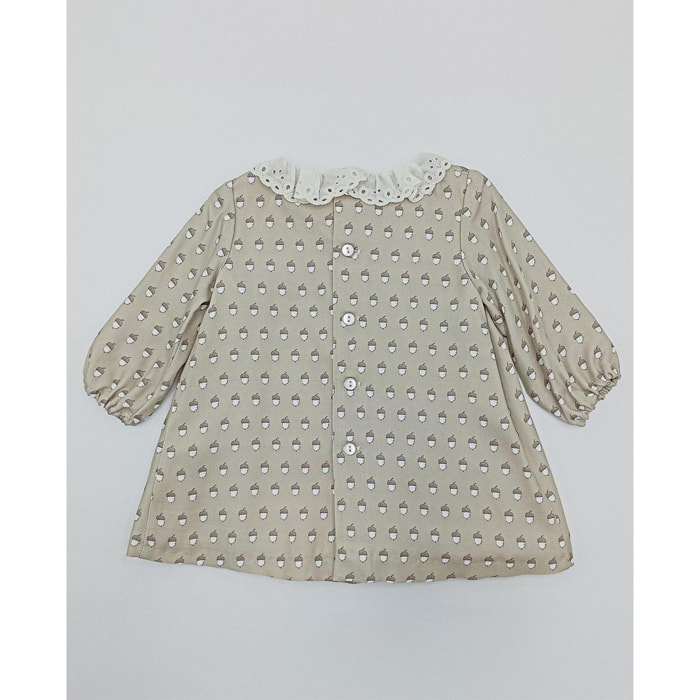 Vestido cuello volante bordado bellotas beige