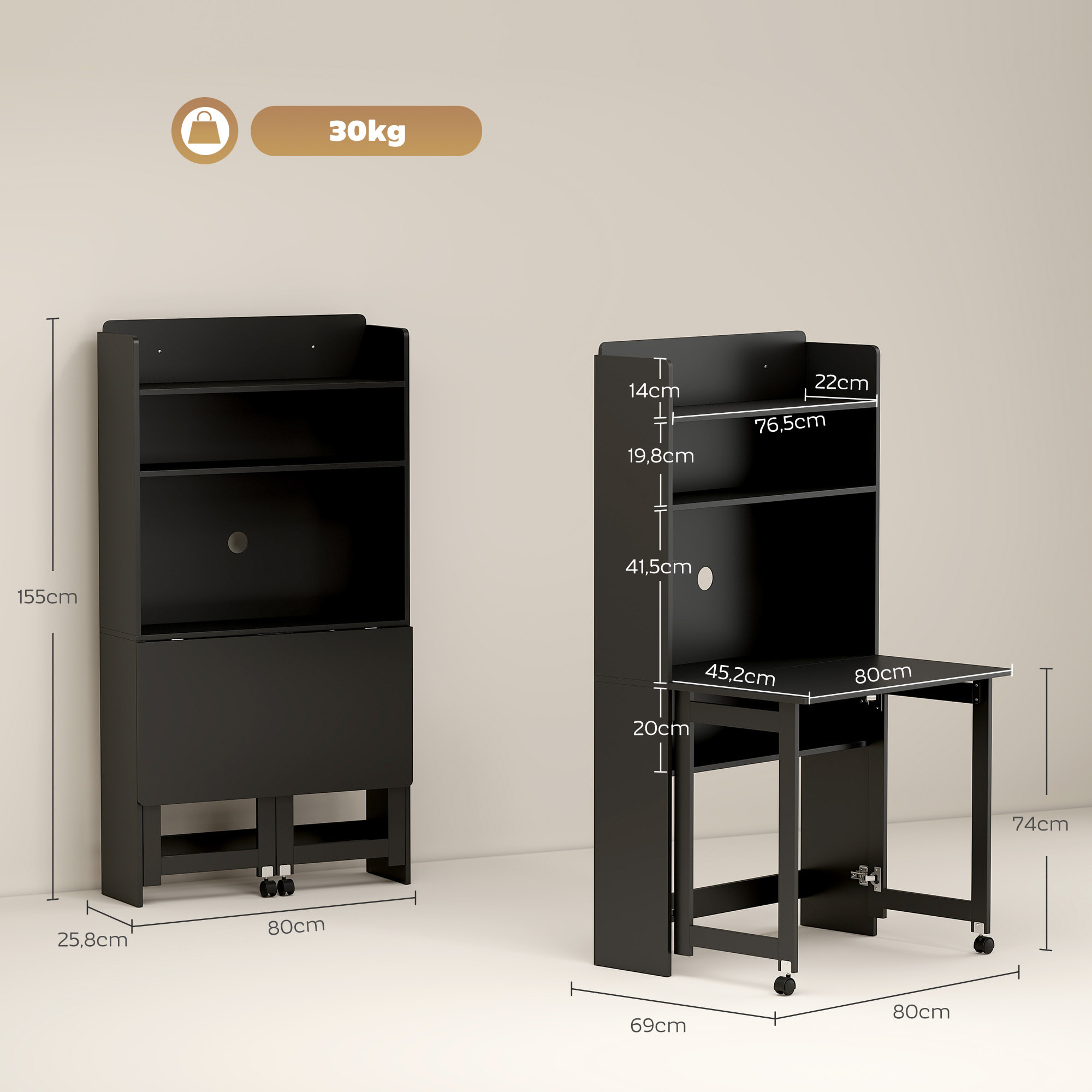 Bureau mural pliable table murale rabattable suspendue sur pied avec bibliothèque 3 étagères MDF noir