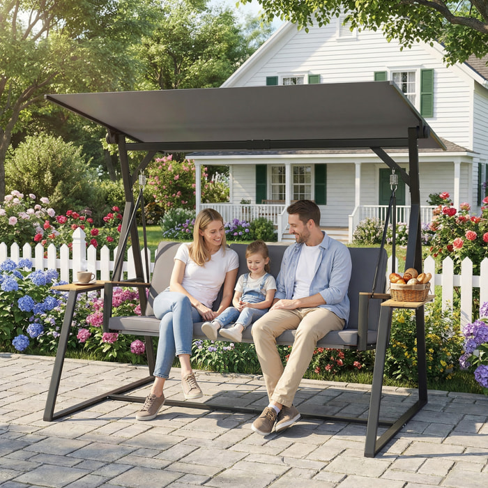 Columpio de Jardín de 3 Plazas, Balancín de Jardín Exterior con Techo Ajustable UPF50+, 2 Bandejas, Cojines y Marco de Metal, para Balcón, Terraza, Patio, Carga 360 kg, 222x131x175 cm, Gris