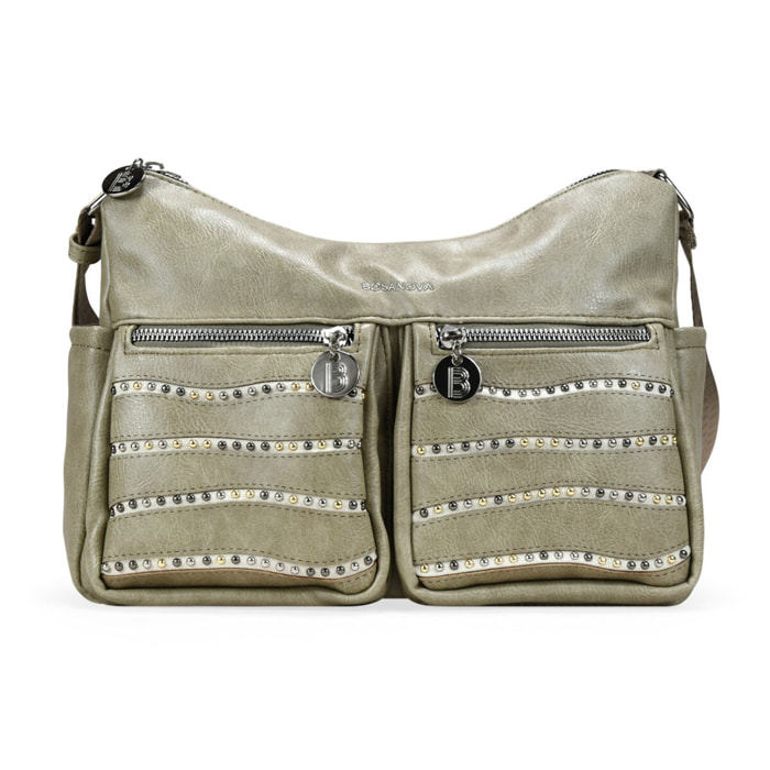 Bolso bandolera verde con bolsillos y tachas