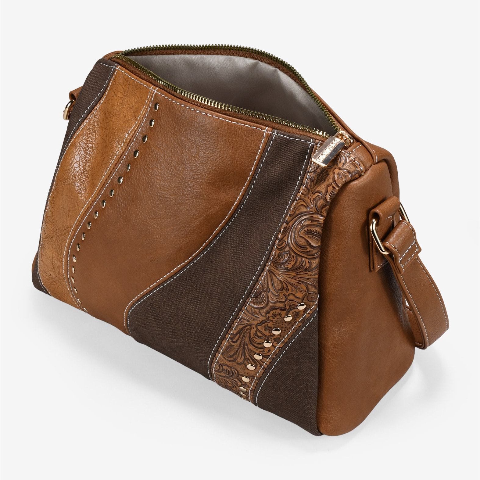 Bolso bandolera cuero con cremallera y tachas