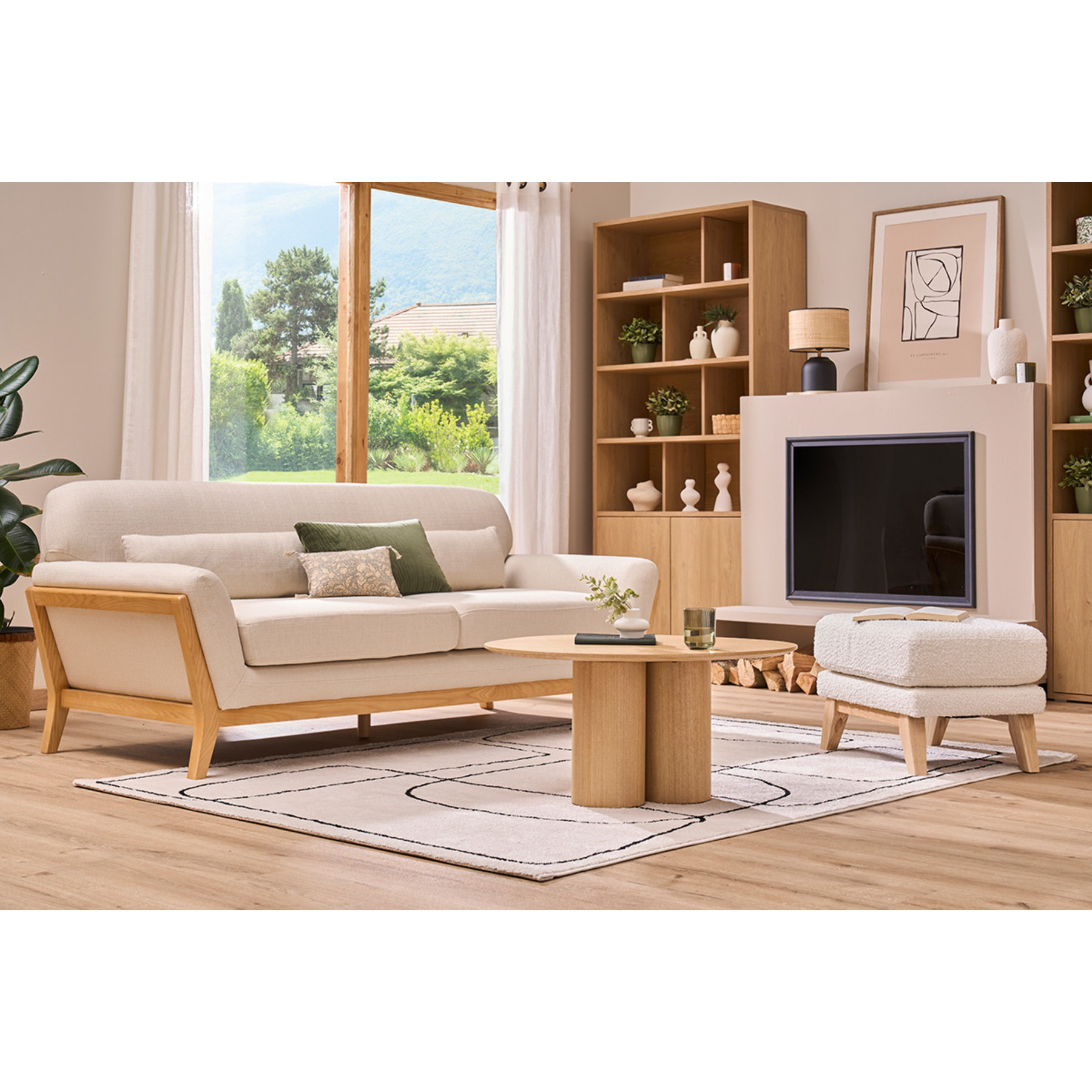 Canapé scandinave 3 places en tissu beige et bois clair YOKO