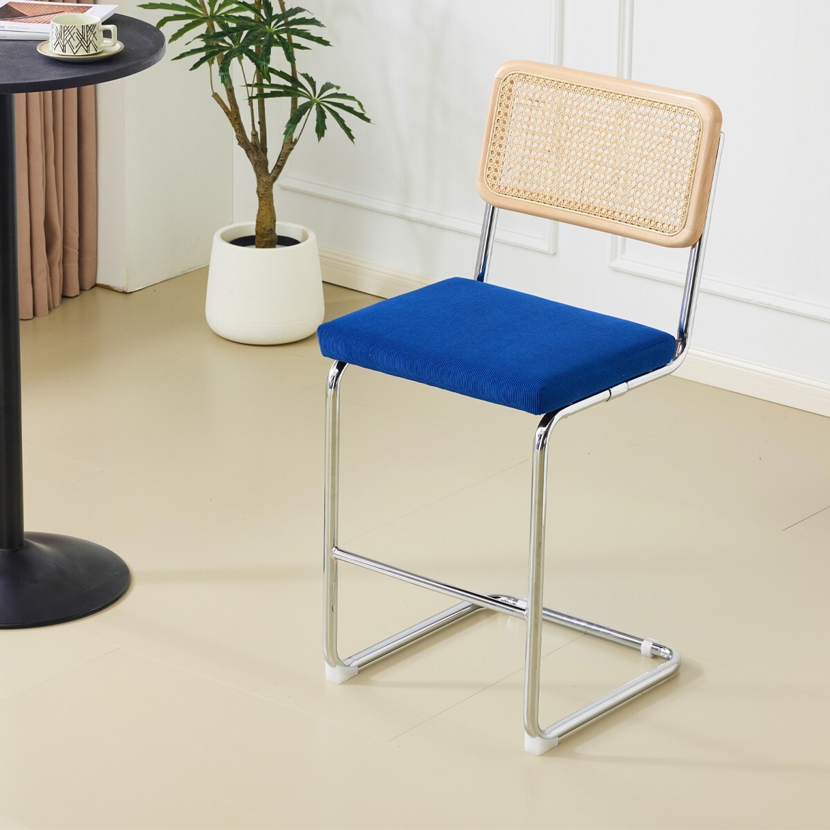 Lot de 2 tabourets de bar en cannage et velours côtelé - MUSE