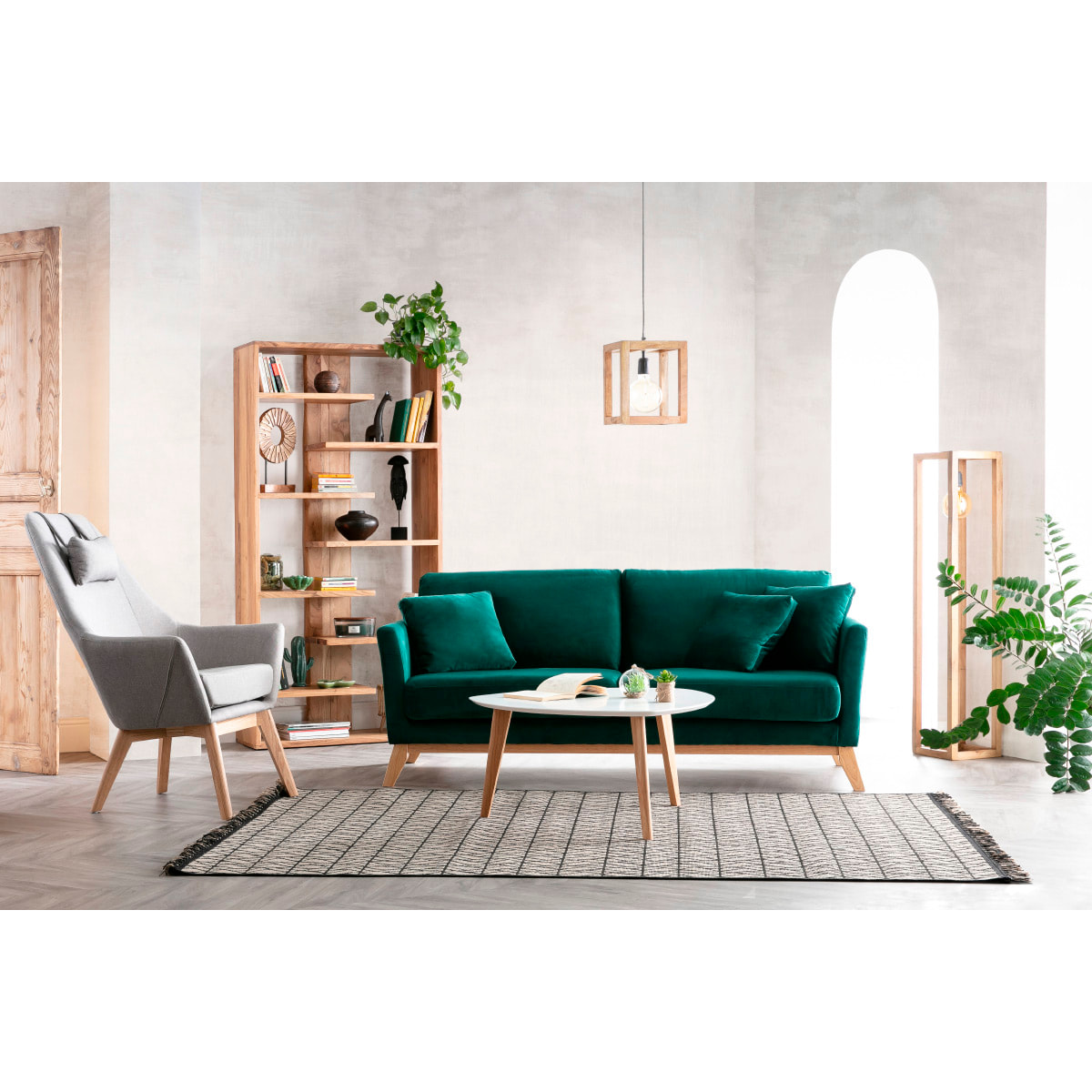 Canapé scandinave déhoussable 3 places en tissu velours vert émeraude et bois clair OSLO