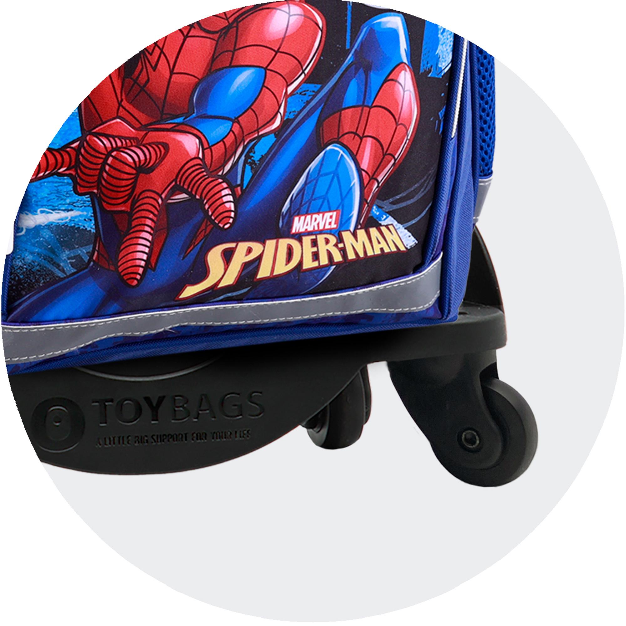 Spiderman mochila primaria doble compartimento + carro con protección lateral y stoper frontal, 4 ruedas multidireccionales.