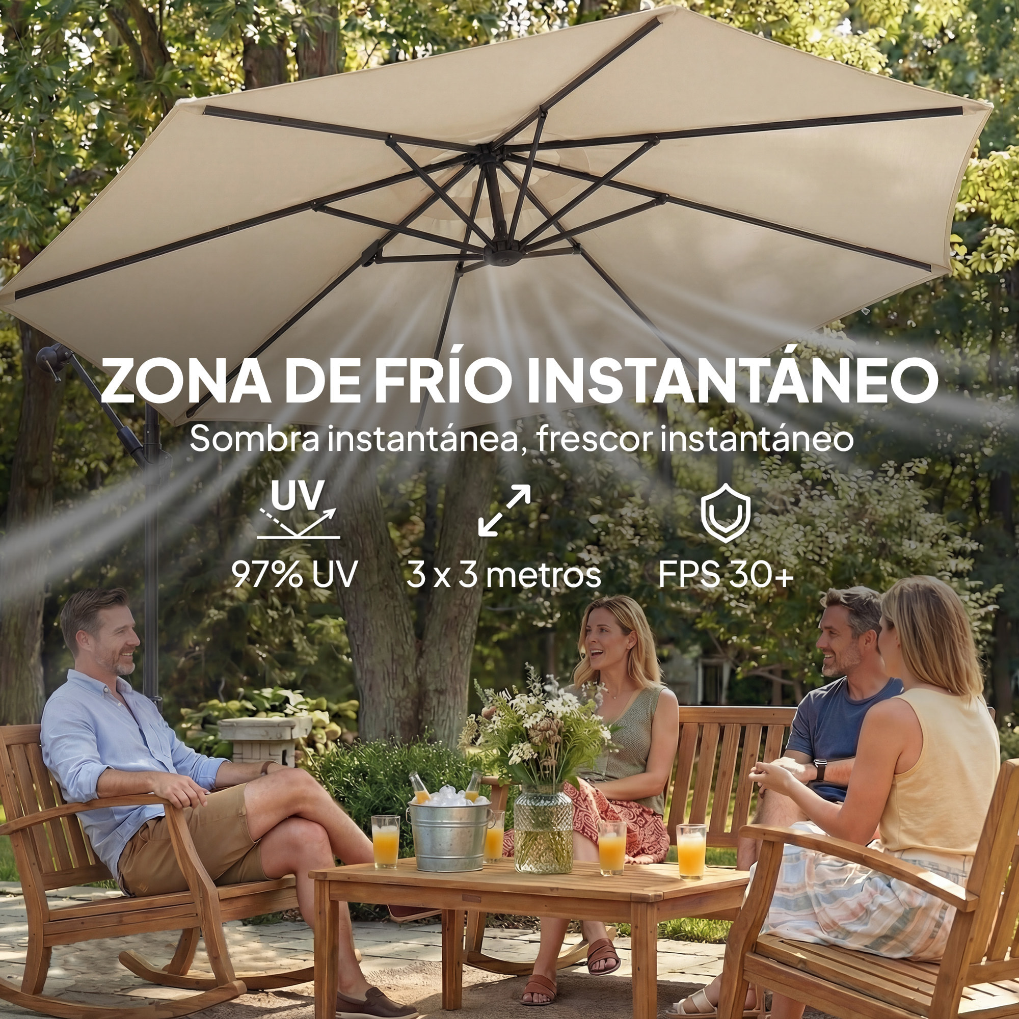 Parasol Excéntrico, Ø300 cm, Sombrilla de Jardín con Base Cruzada, Toldo Ajustable, Manivela, 8 Barras, UPF30+, para Terraza, Patio, Exterior, Blanco Crema